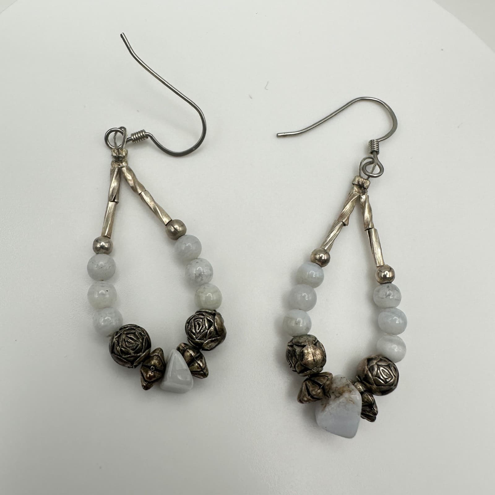 VTG 90s Boho Teardrop White Stone Beaded Earrings Silver Tone Women's Jewelry - Thumbnail 6