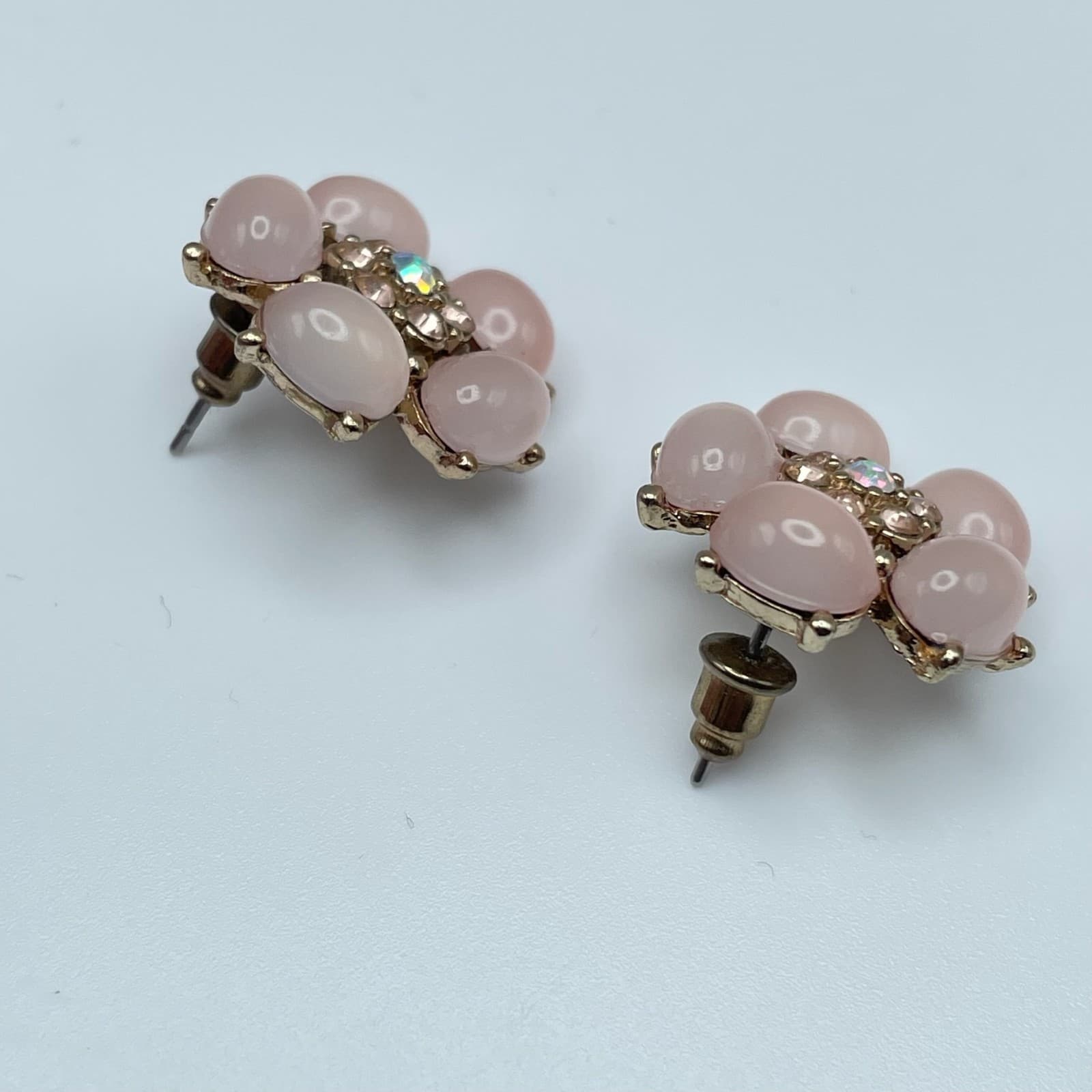 Vintage Y2K Pink Floral Stud Earrings Crystal Gold Tone Women's Jewelry - Thumbnail 9