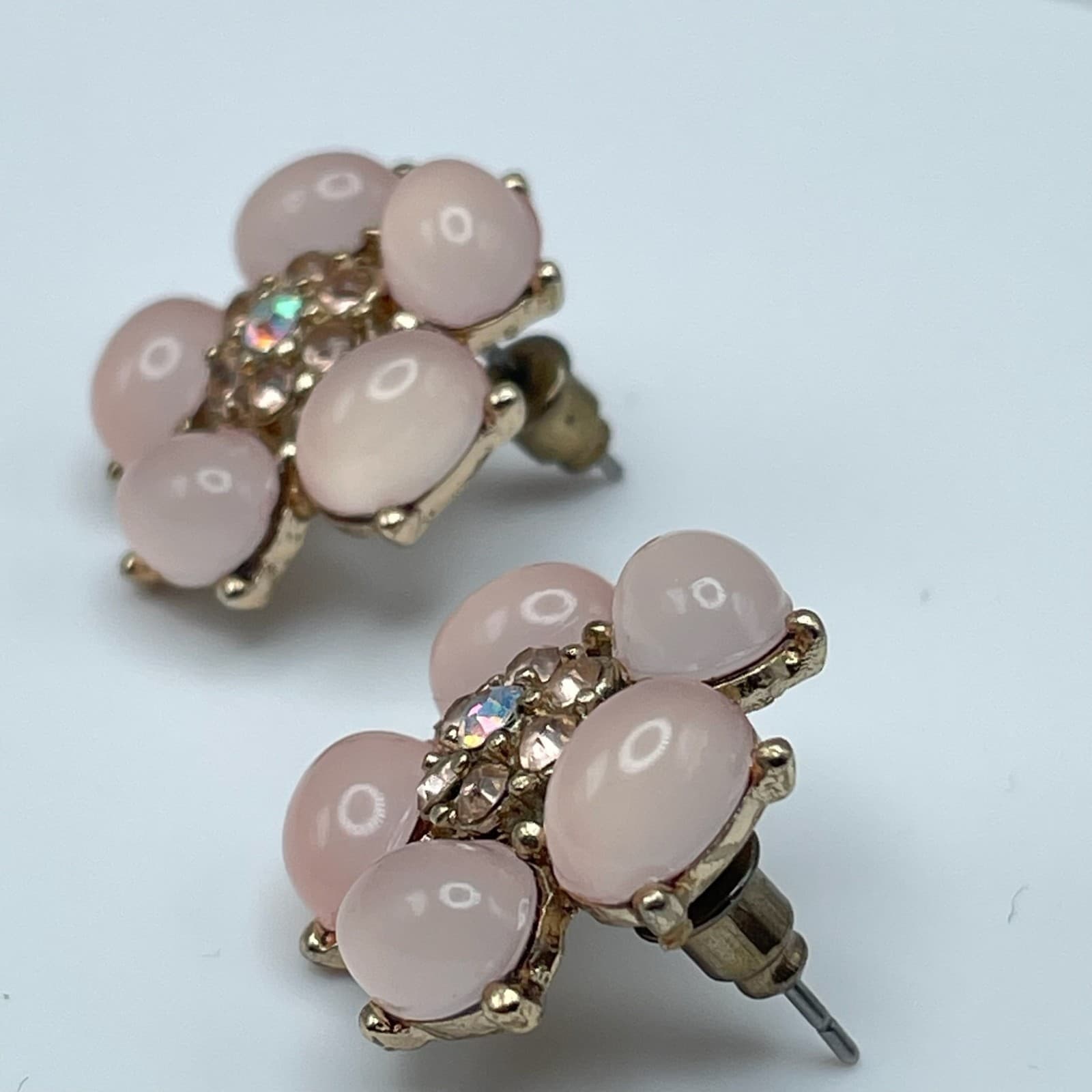 Vintage Y2K Pink Floral Stud Earrings Crystal Gold Tone Women's Jewelry - Thumbnail 7