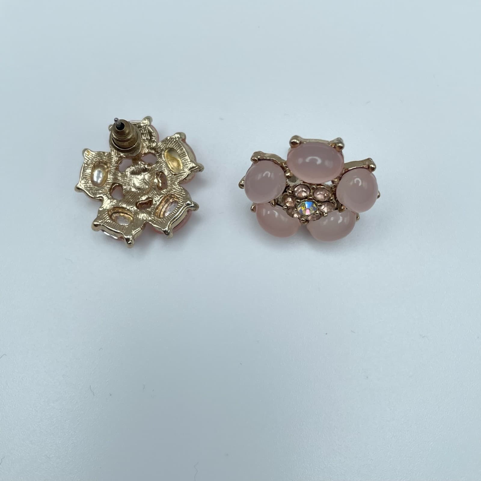 Vintage Y2K Pink Floral Stud Earrings Crystal Gold Tone Women's Jewelry - Thumbnail 2