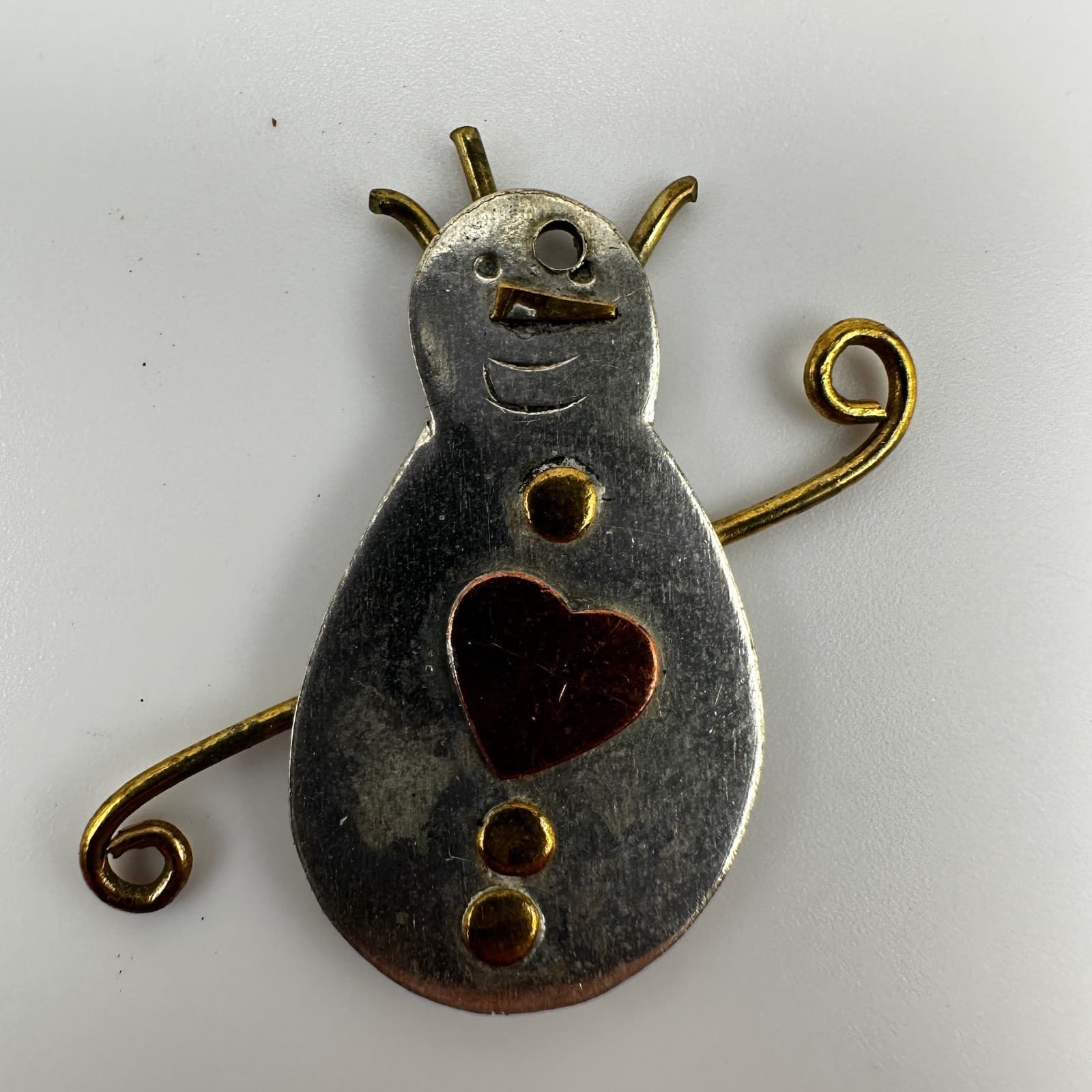 Vintage 90s Mixed Metal Snowman Pin Brooch Copper Heart & Gold Accents Jewelry - Thumbnail 4