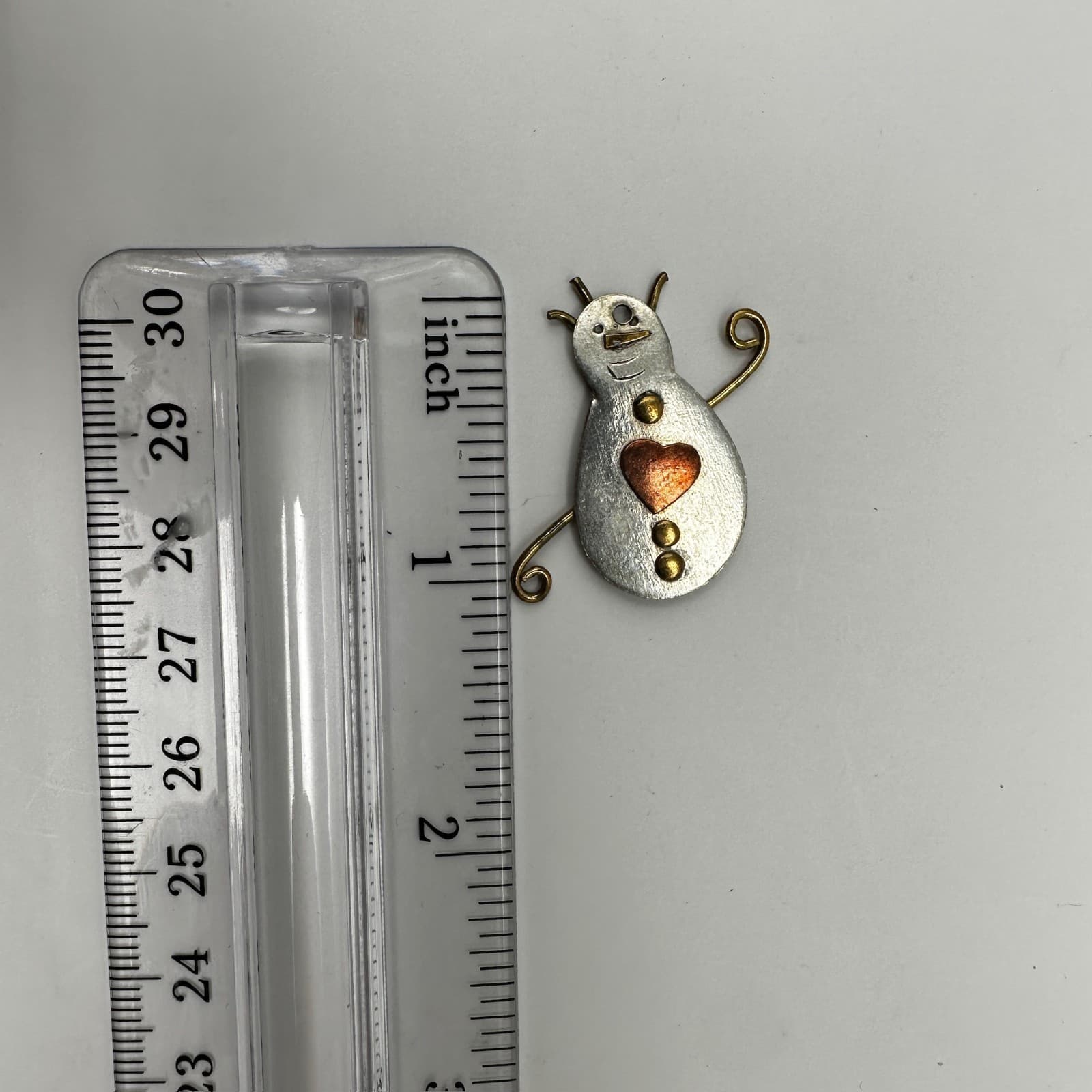 Vintage 90s Mixed Metal Snowman Pin Brooch Copper Heart & Gold Accents Jewelry - Thumbnail 7
