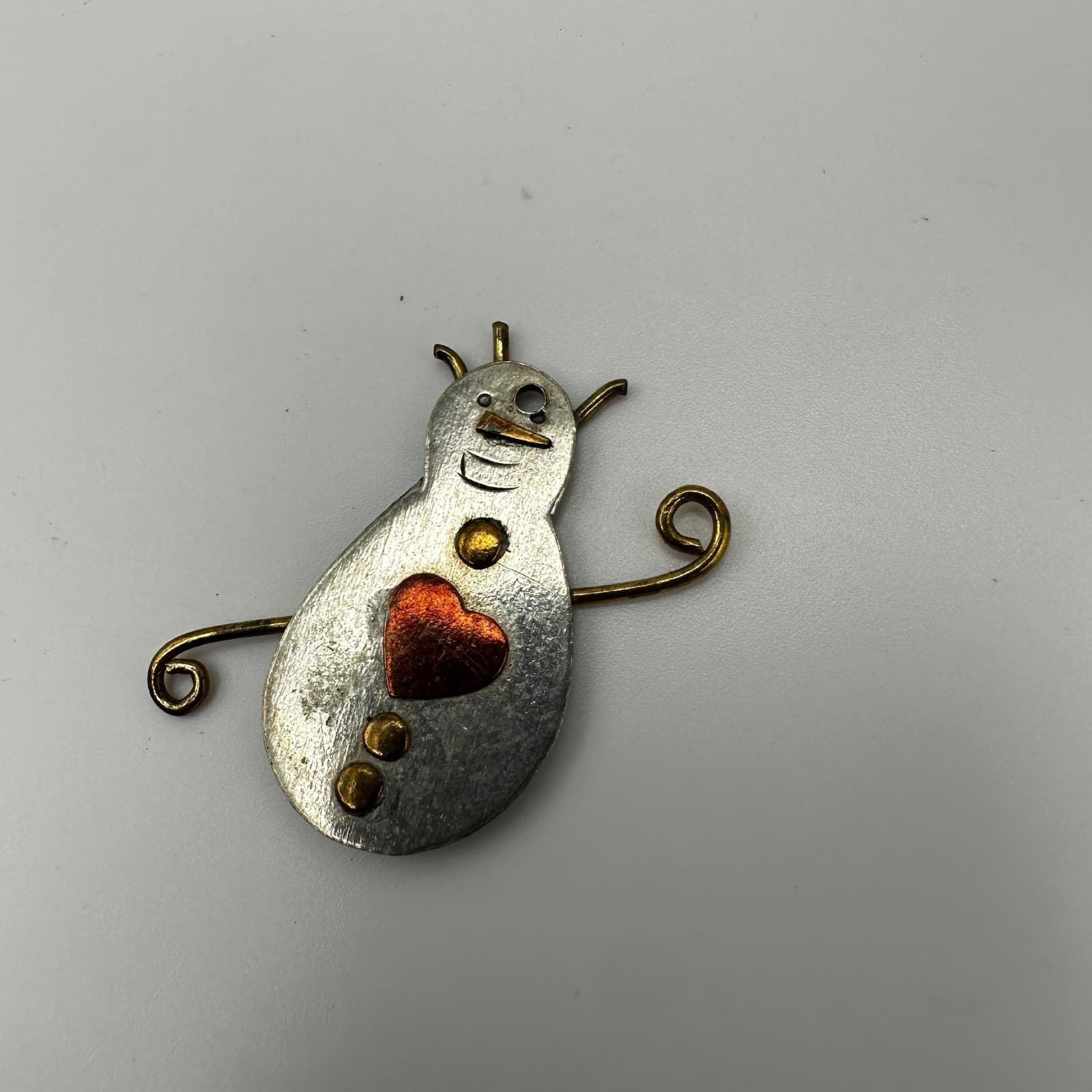 Vintage 90s Mixed Metal Snowman Pin Brooch Copper Heart & Gold Accents Jewelry - Thumbnail 3