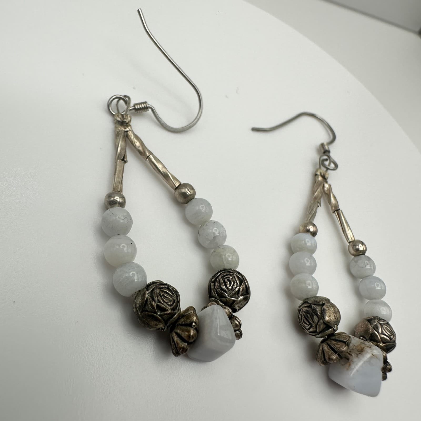 VTG 90s Boho Teardrop White Stone Beaded Earrings Silver Tone Women's Jewelry - Thumbnail 7