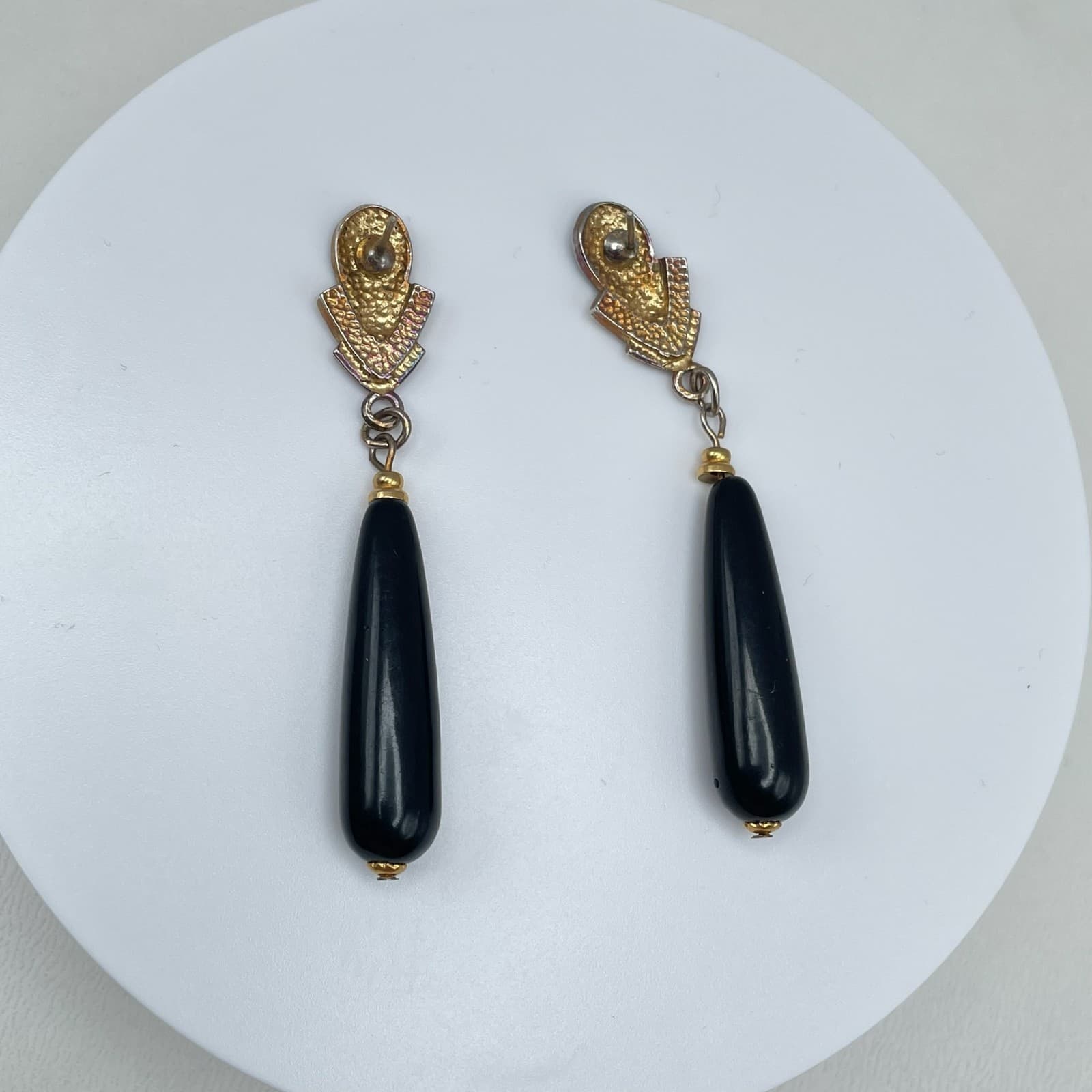 Vintage 80s Black Drip Drop Earrings Crystal Gold Tone Women's Jewelry - Thumbnail 2