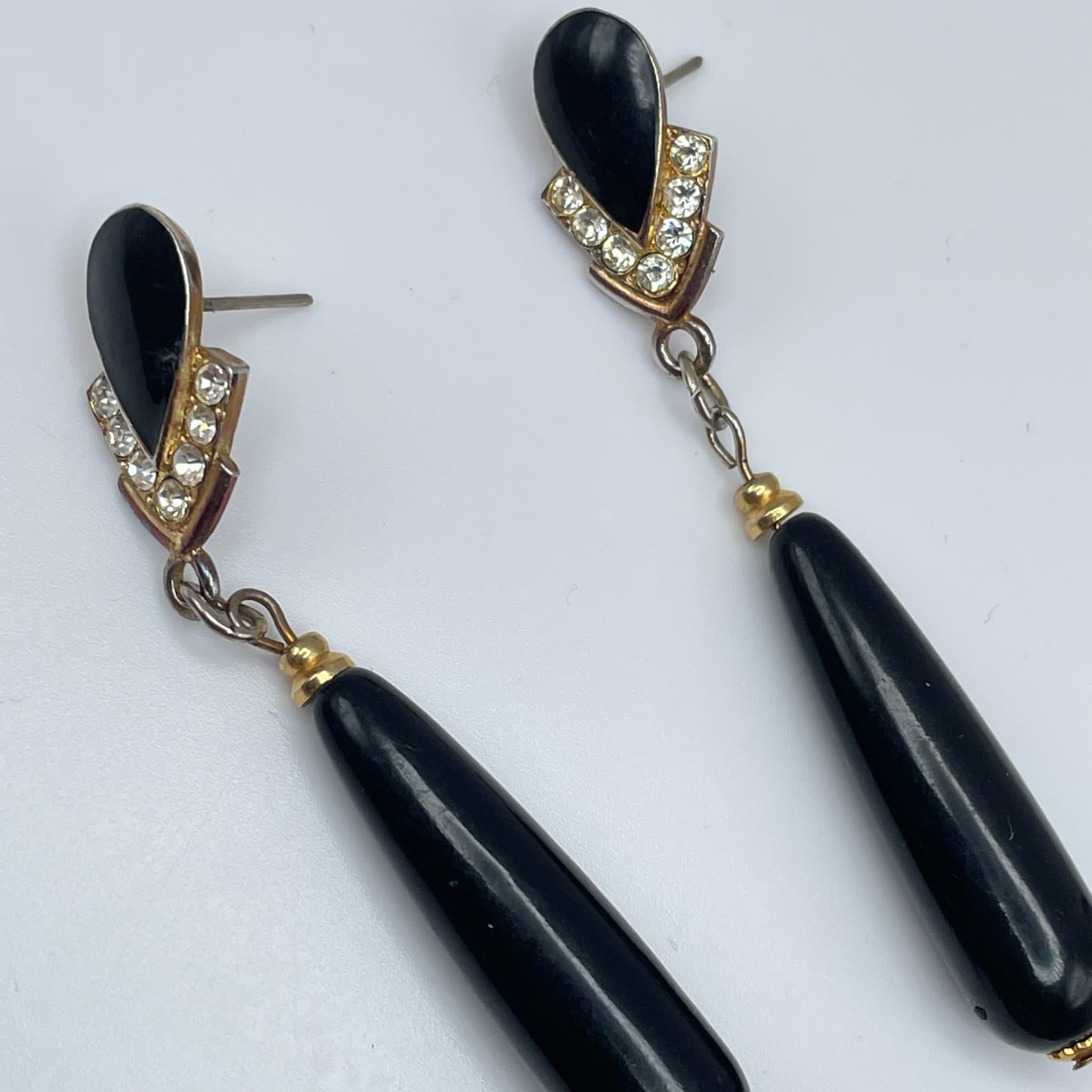 Vintage 80s Black Drip Drop Earrings Crystal Gold Tone Women's Jewelry - Thumbnail 4