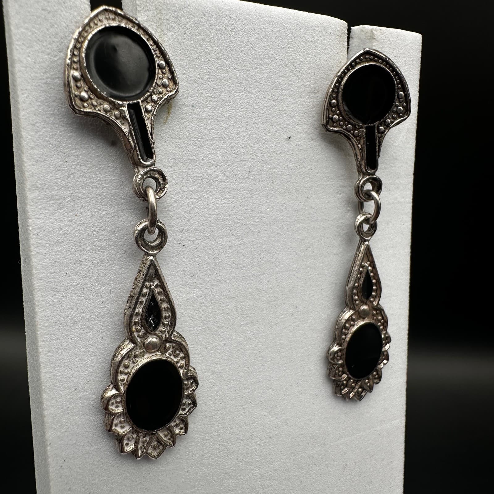 Vintage Y2K 90s Dangle Drop Earrings Black Enamel Silver Tone Ornate Jewelry - Thumbnail 2
