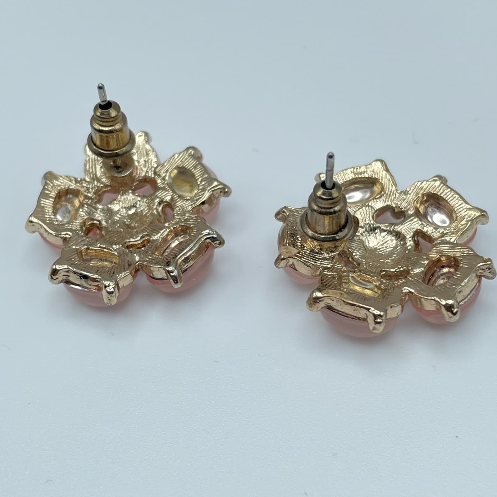 Vintage Y2K Pink Floral Stud Earrings Crystal Gold Tone Women's Jewelry - Thumbnail 4