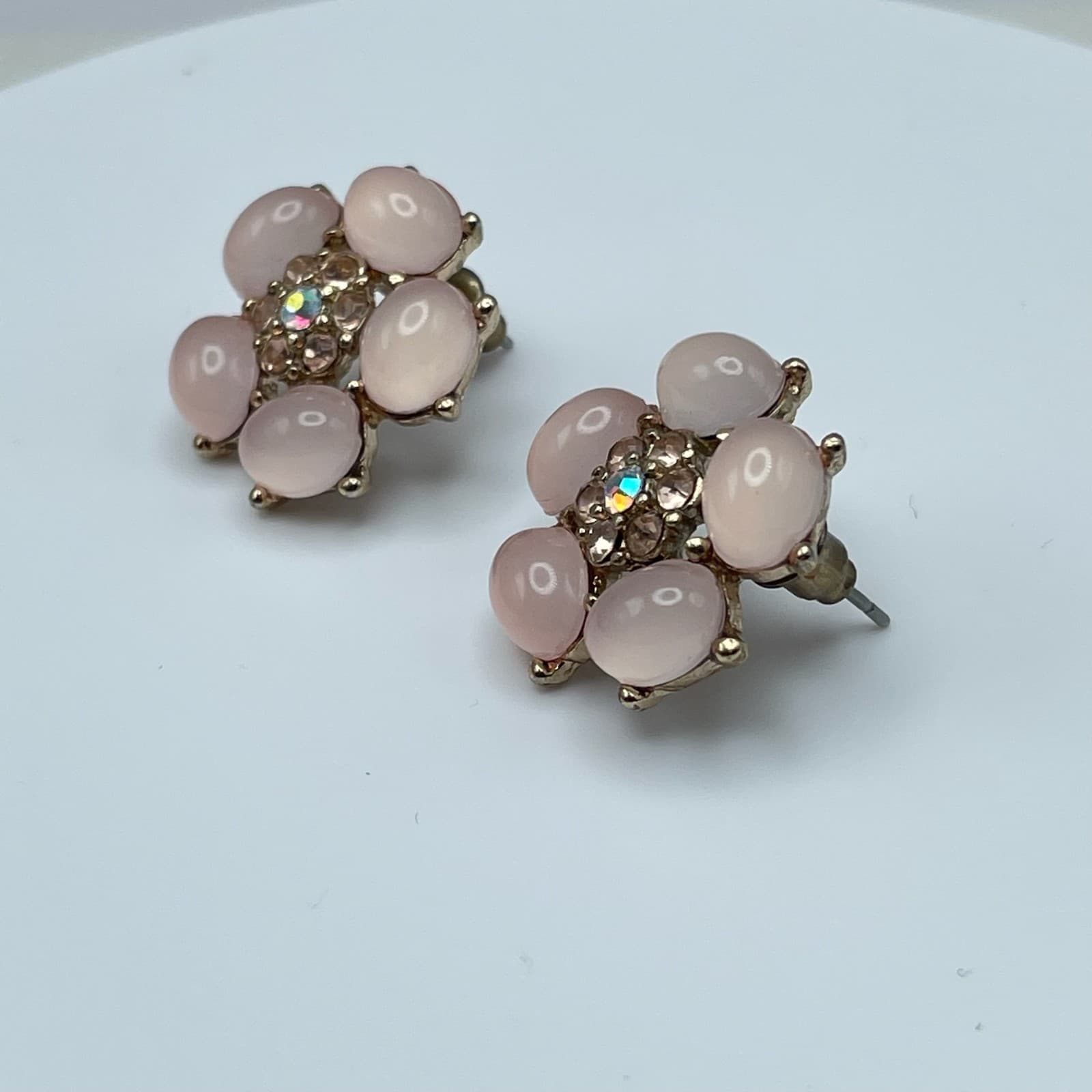 Vintage Y2K Pink Floral Stud Earrings Crystal Gold Tone Women's Jewelry - Thumbnail 6