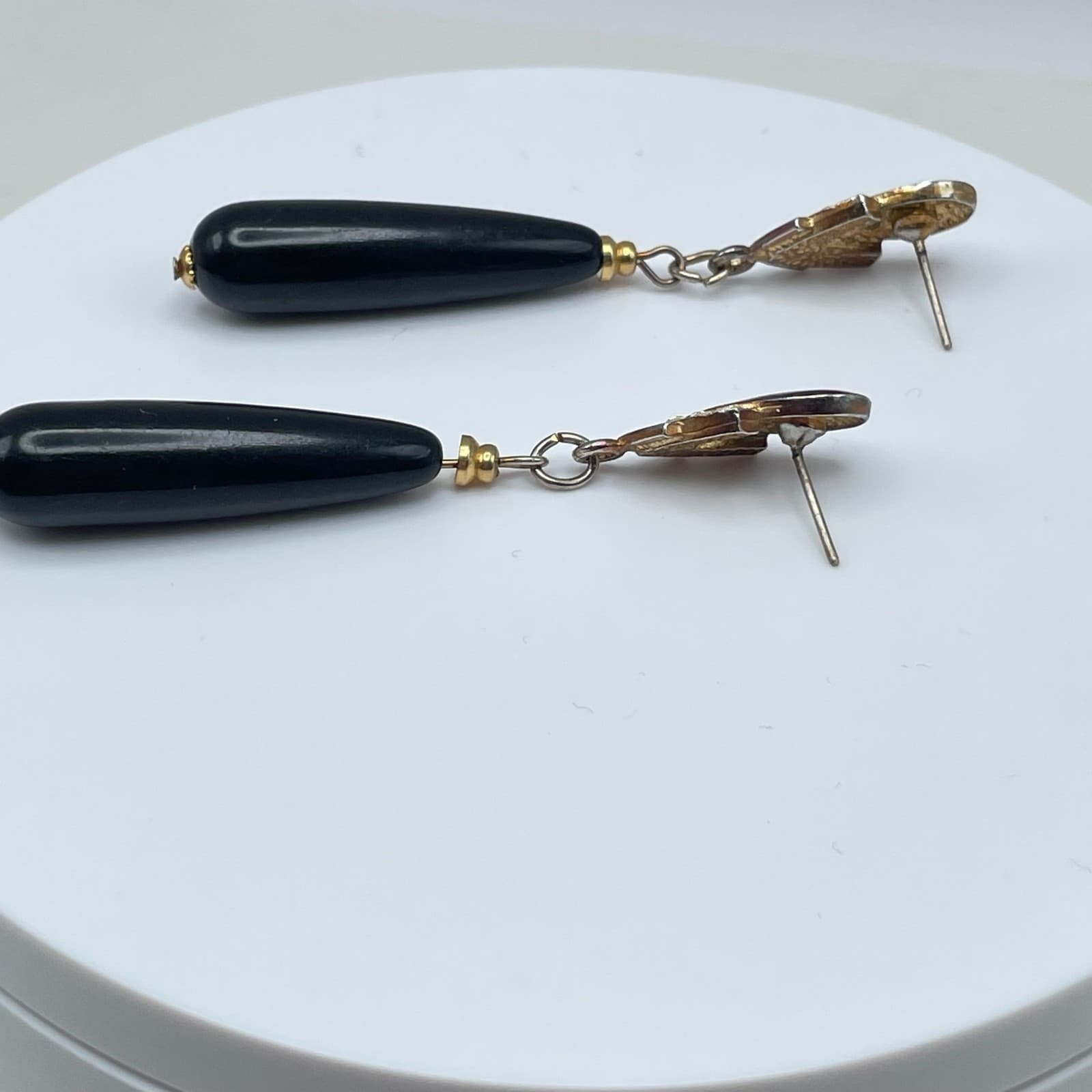 Vintage 80s Black Drip Drop Earrings Crystal Gold Tone Women's Jewelry - Thumbnail 8