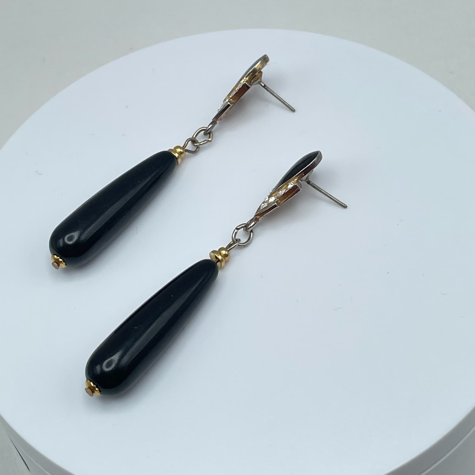 Vintage 80s Black Drip Drop Earrings Crystal Gold Tone Women's Jewelry - Thumbnail 7