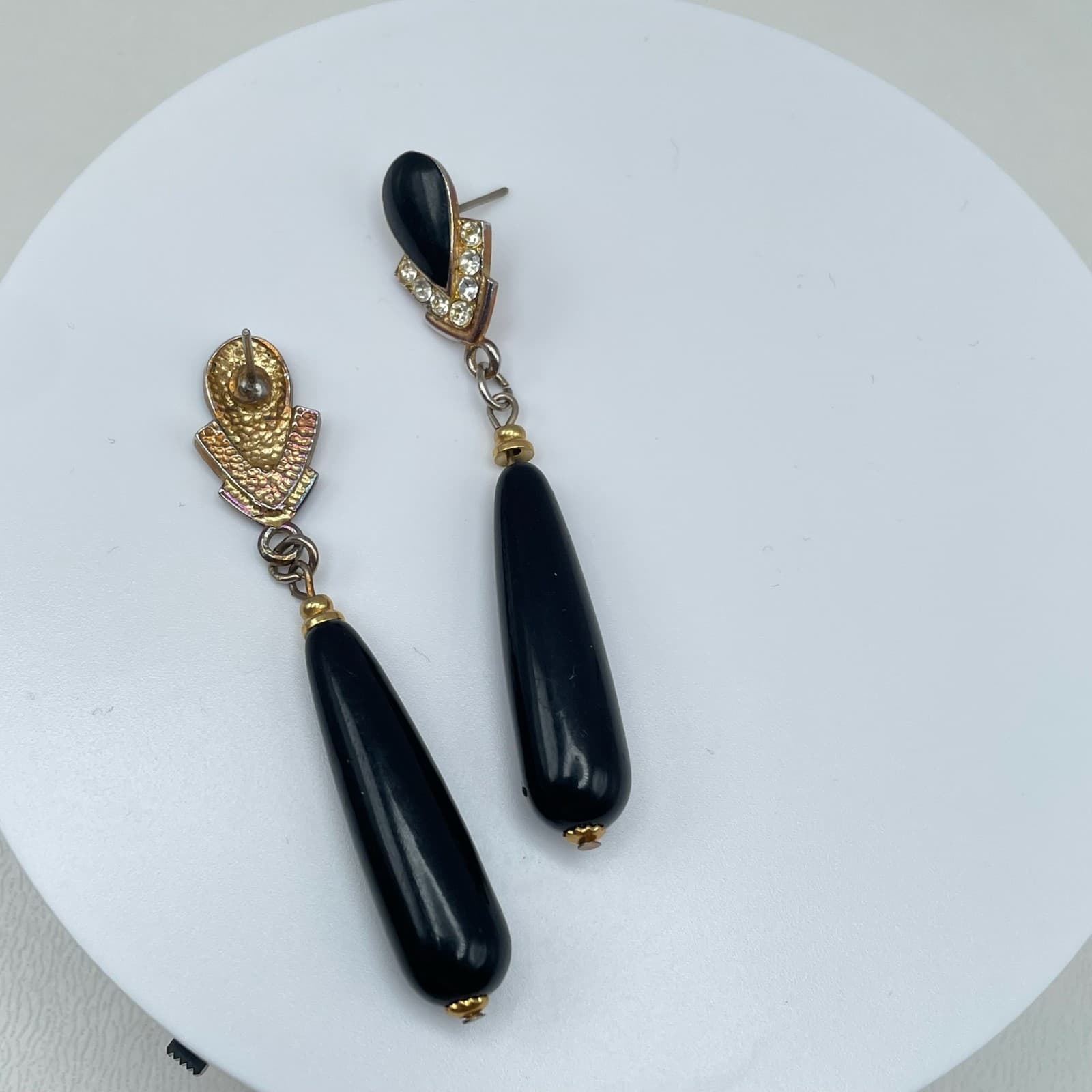 Vintage 80s Black Drip Drop Earrings Crystal Gold Tone Women's Jewelry - Image 1