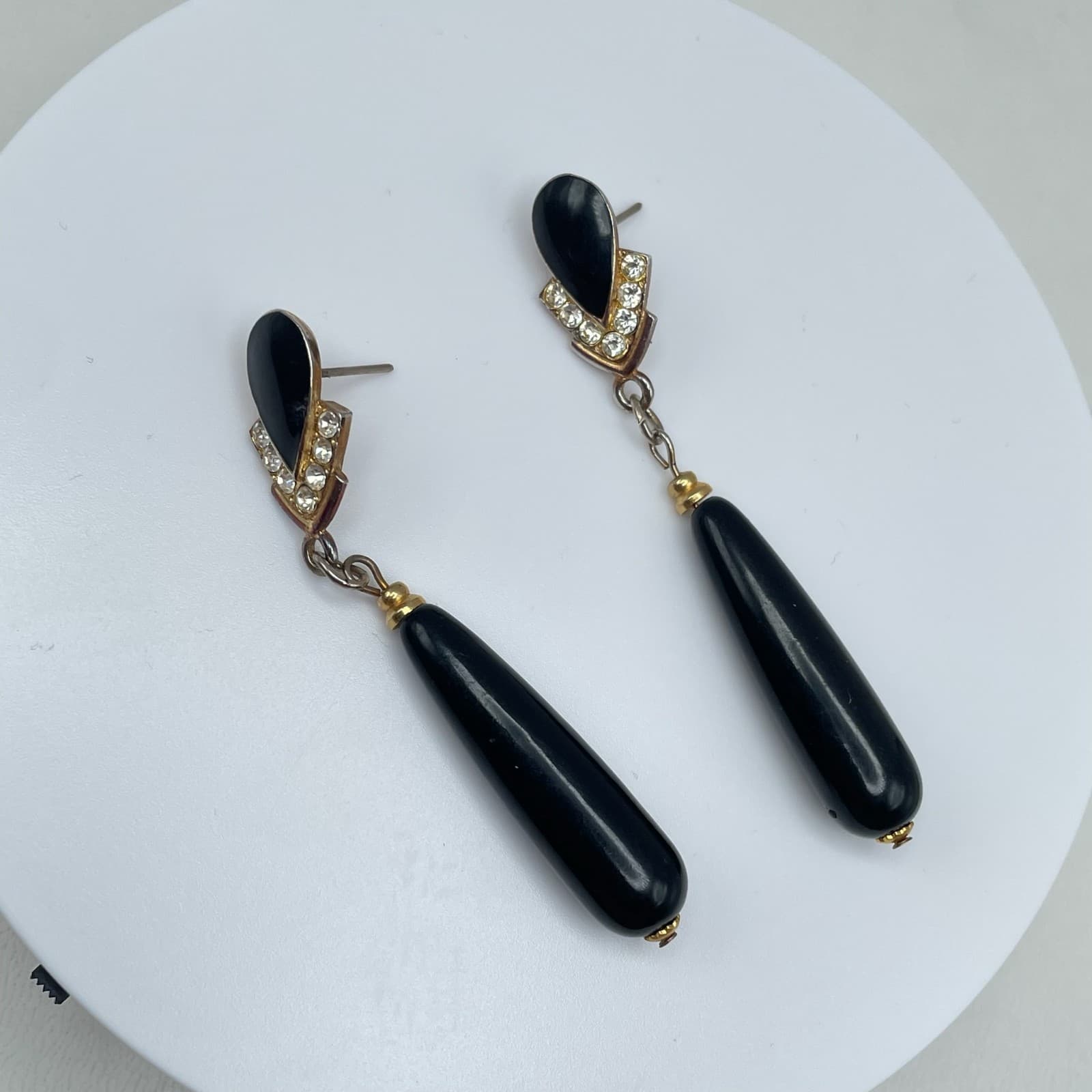 Vintage 80s Black Drip Drop Earrings Crystal Gold Tone Women's Jewelry - Thumbnail 3