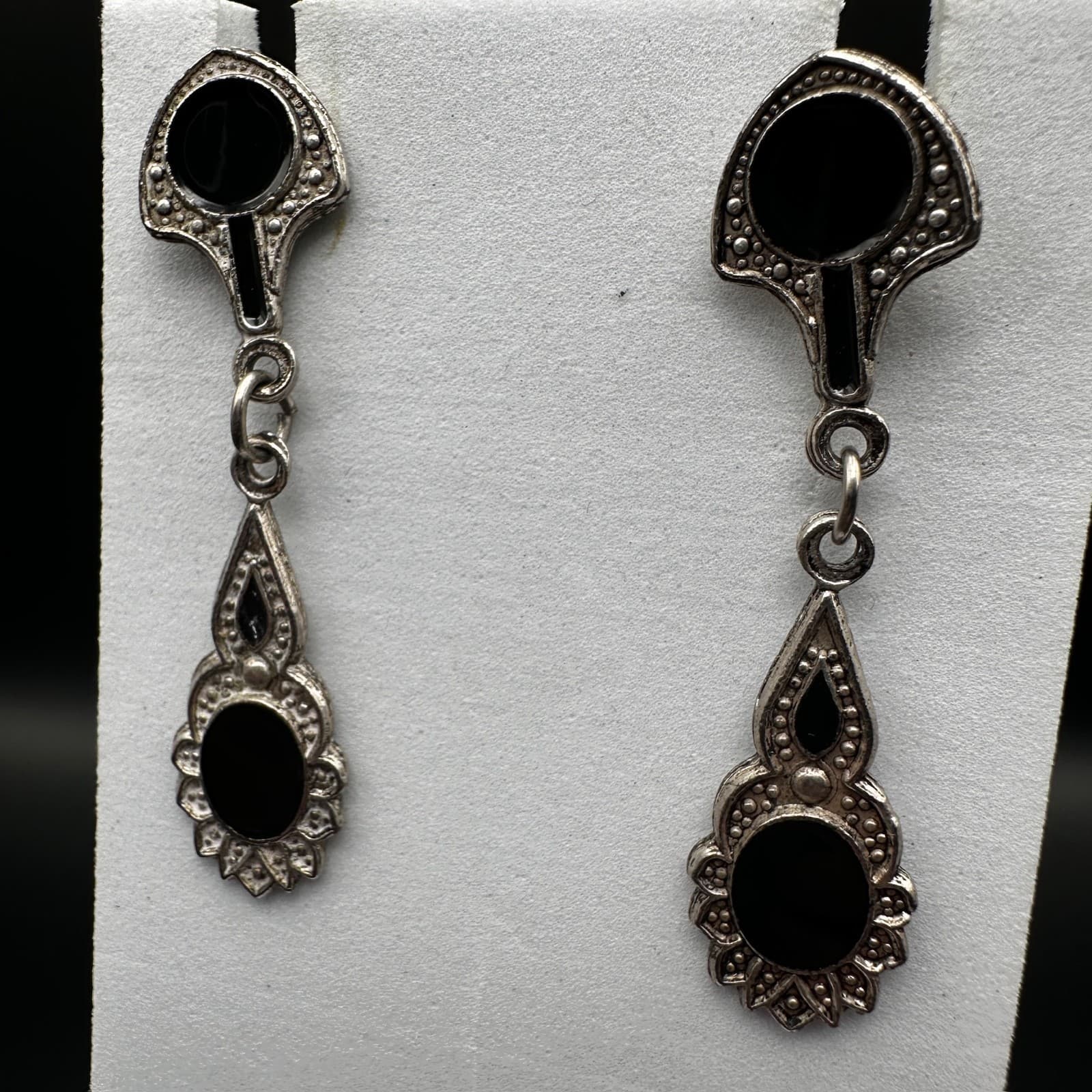 Vintage Y2K 90s Dangle Drop Earrings Black Enamel Silver Tone Ornate Jewelry - Thumbnail 3