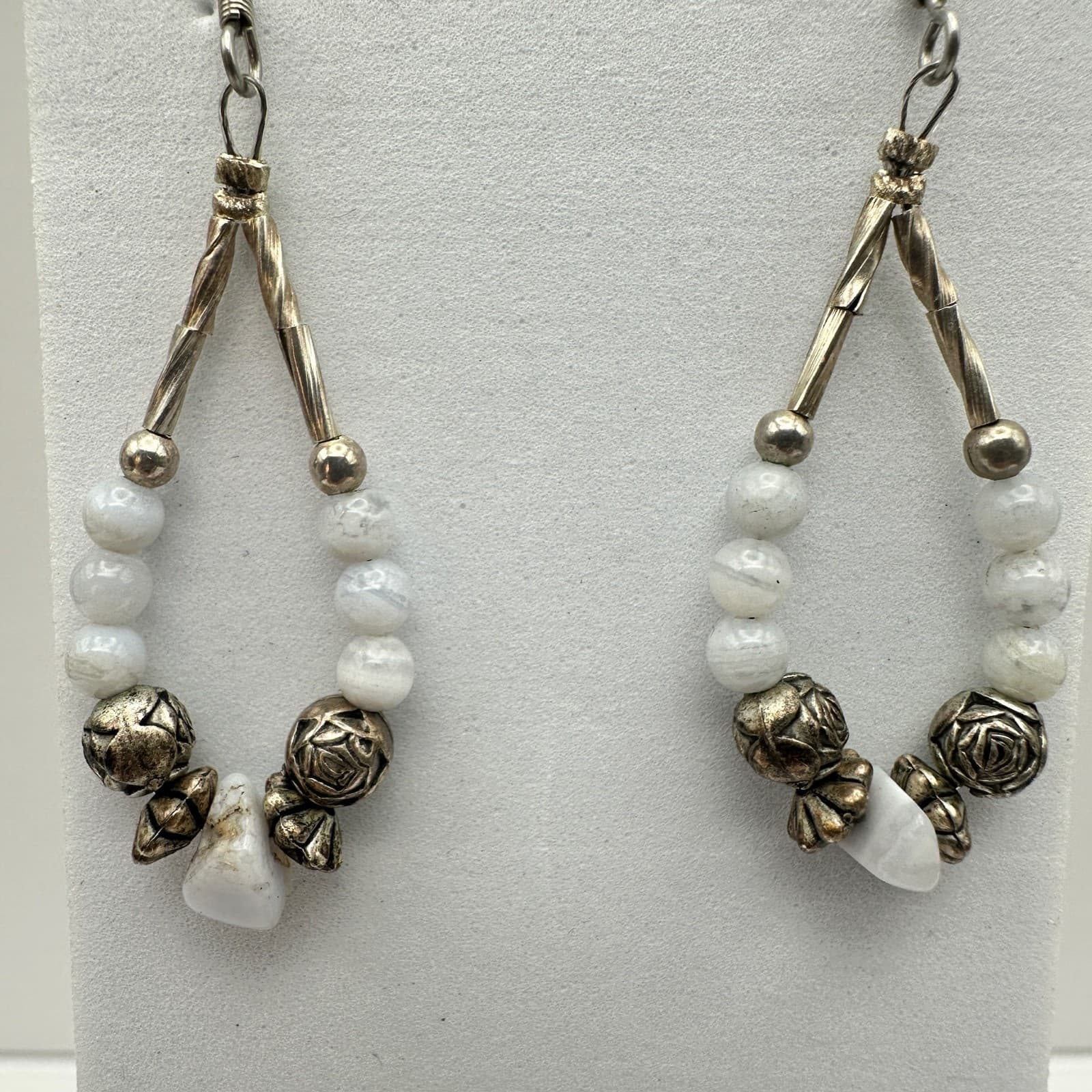 VTG 90s Boho Teardrop White Stone Beaded Earrings Silver Tone Women's Jewelry - Thumbnail 2