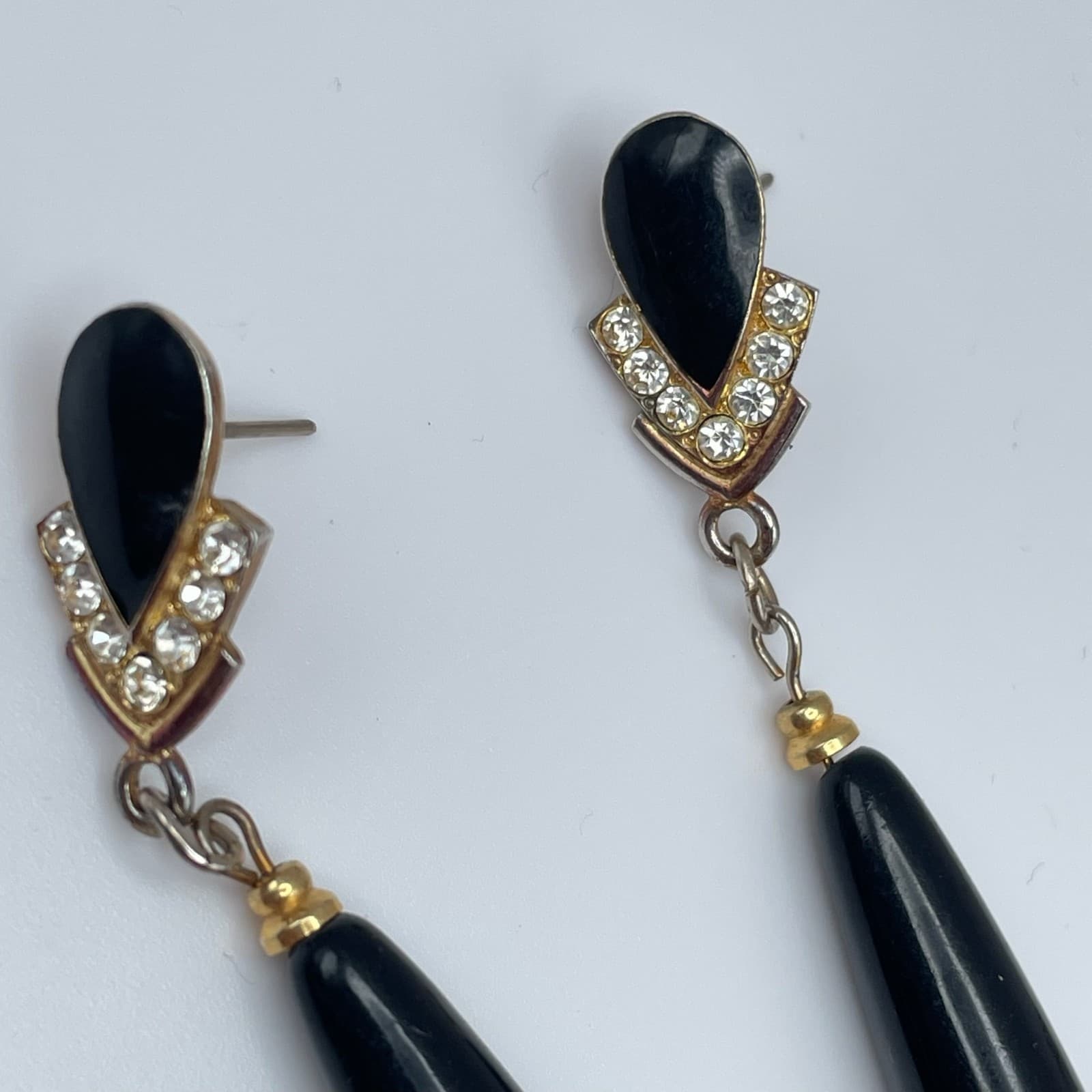 Vintage 80s Black Drip Drop Earrings Crystal Gold Tone Women's Jewelry - Thumbnail 5