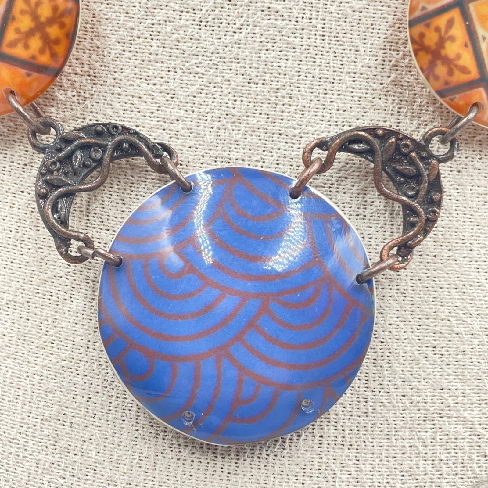 Artisan Copper-Tone Swirl Inlay Central Blue Multi-Pendant Statement Necklace - Thumbnail 3