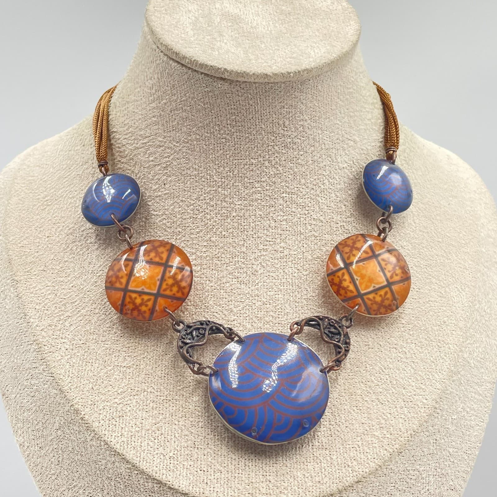 Artisan Copper-Tone Swirl Inlay Central Blue Multi-Pendant Statement Necklace - Thumbnail 6