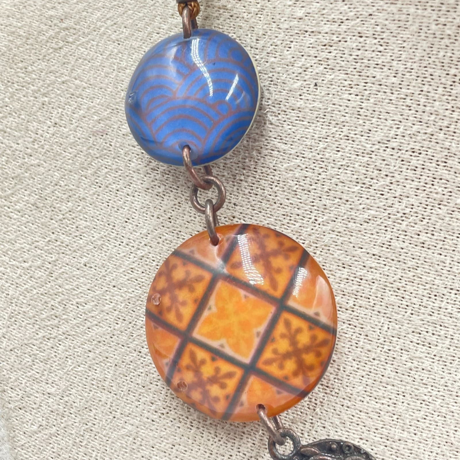 Artisan Copper-Tone Swirl Inlay Central Blue Multi-Pendant Statement Necklace - Thumbnail 4