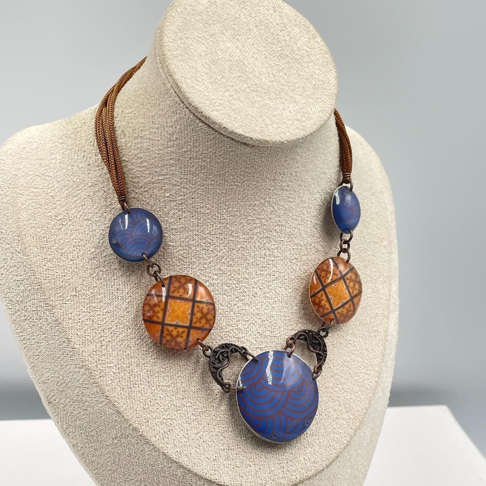 Artisan Copper-Tone Swirl Inlay Central Blue Multi-Pendant Statement Necklace - Thumbnail 5