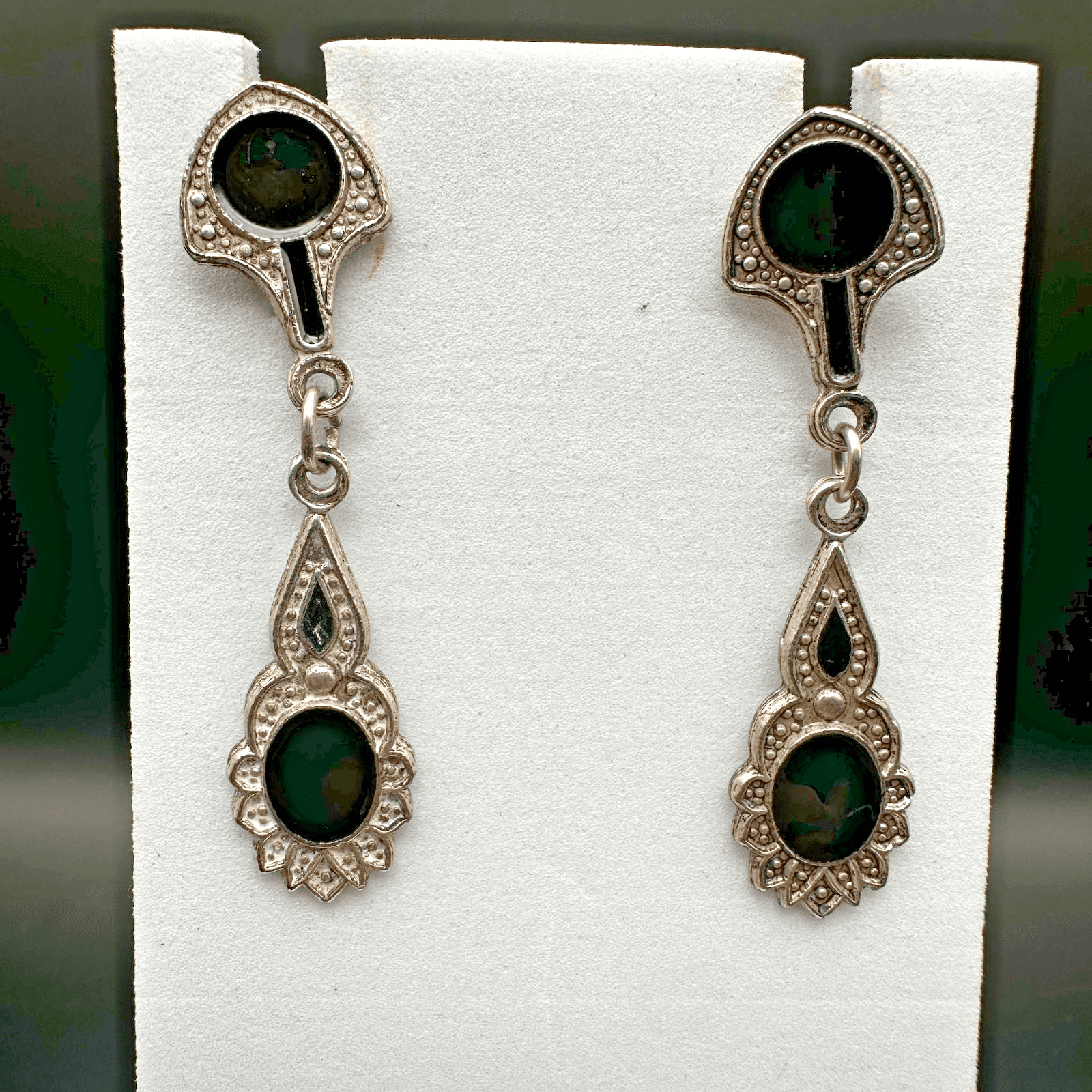 Vintage Y2K 90s Dangle Drop Earrings Black Enamel Silver Tone Ornate Jewelry - Image 1