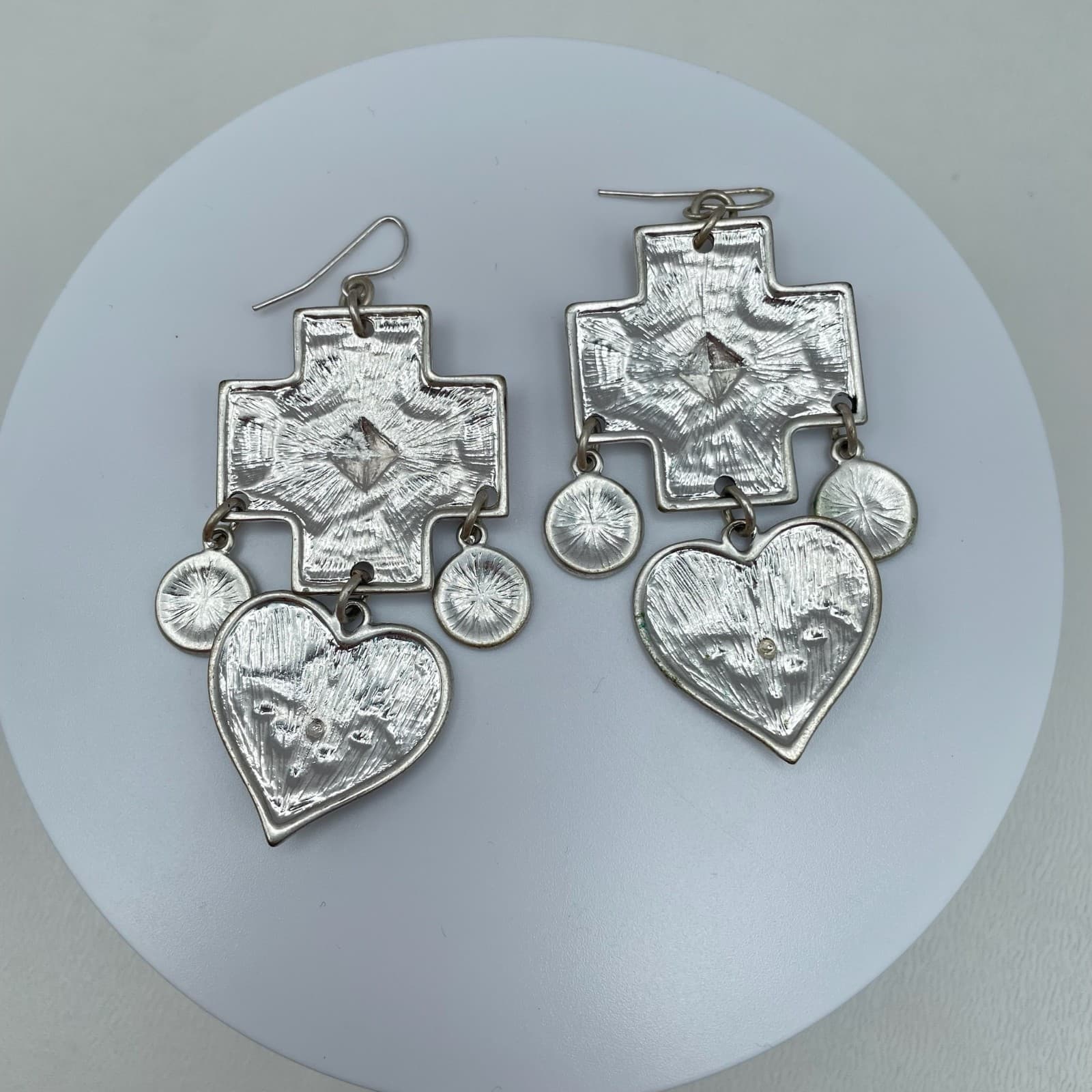 Vintage 90s Floral Cross Heart Dangle Earrings Silver Tone Women's Jewelry - Thumbnail 2
