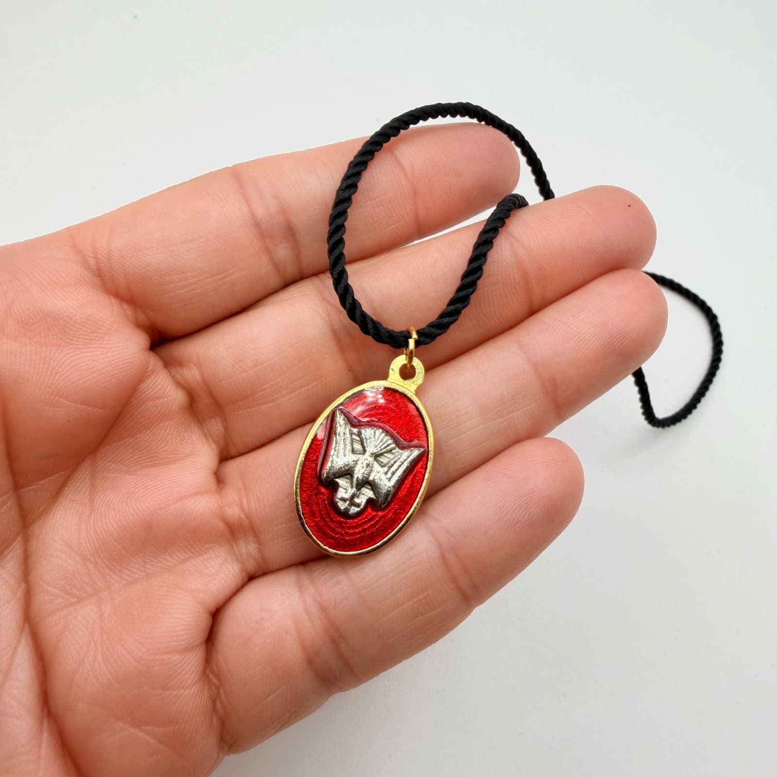 Vintage 70s Spirit Dove Confirmation Pendant Medal Red Enamel Gold Tone Jewelry - Thumbnail 7