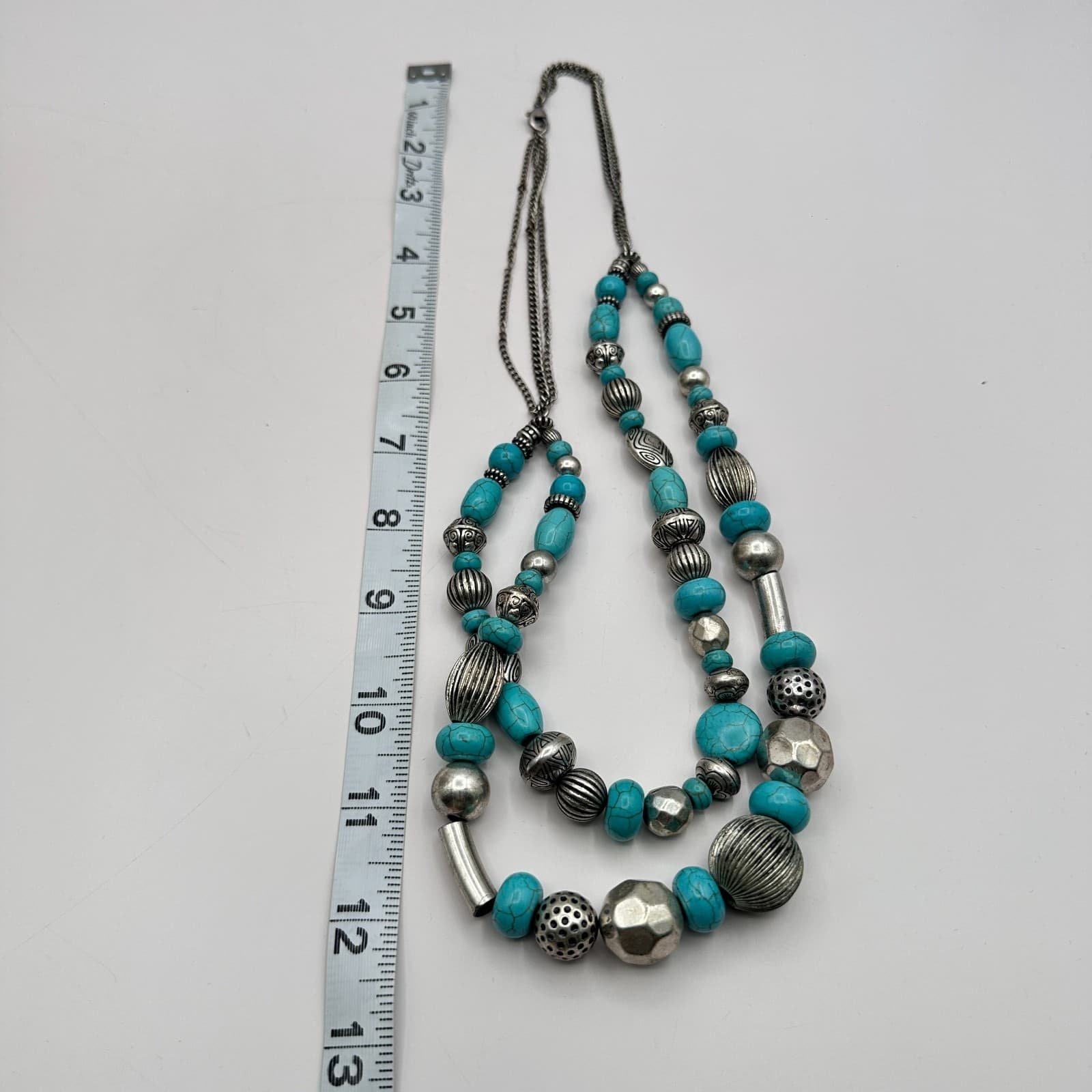 Vintage 90s Silver Tone Faux Turquoise Beaded Double Stand Necklace Jewelry - Thumbnail 7