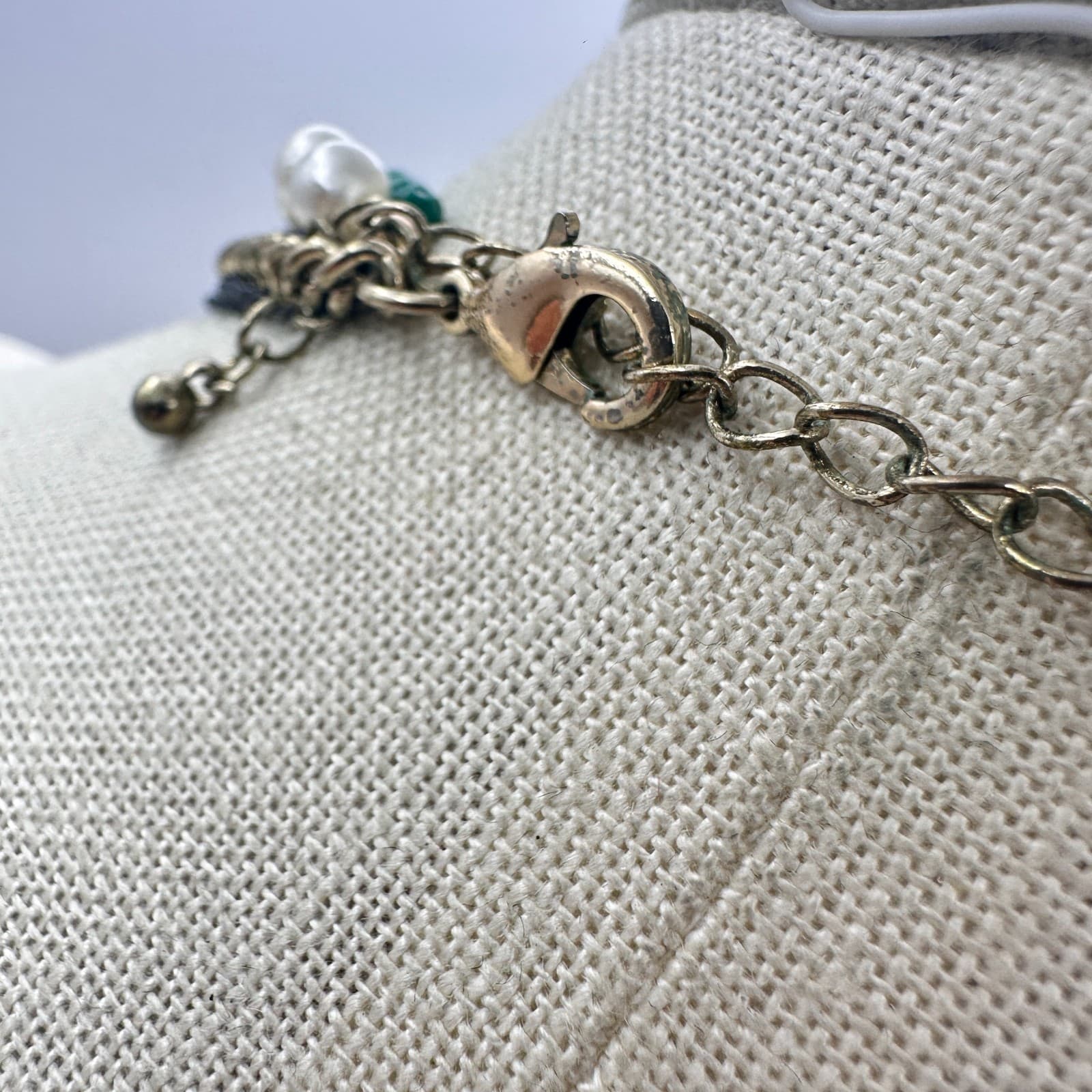 Vintage 80s Gold Tone Chain Layered Necklace Green Beads Faux Pearls Jewelry - Thumbnail 6