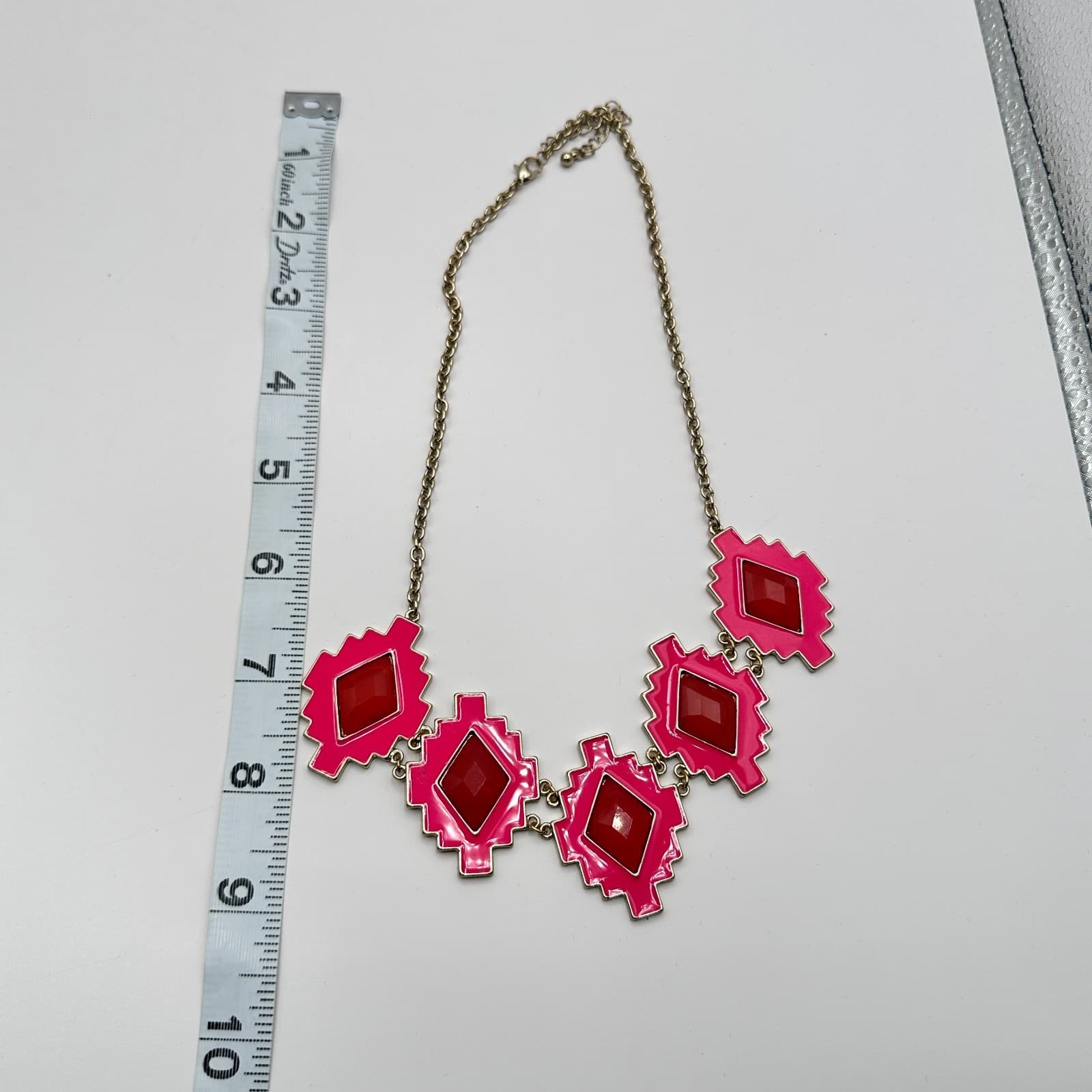 Vintage Y2K Pink Enamel Frames Red Glass Statement Necklace Gold Tone Jewelry - Thumbnail 6