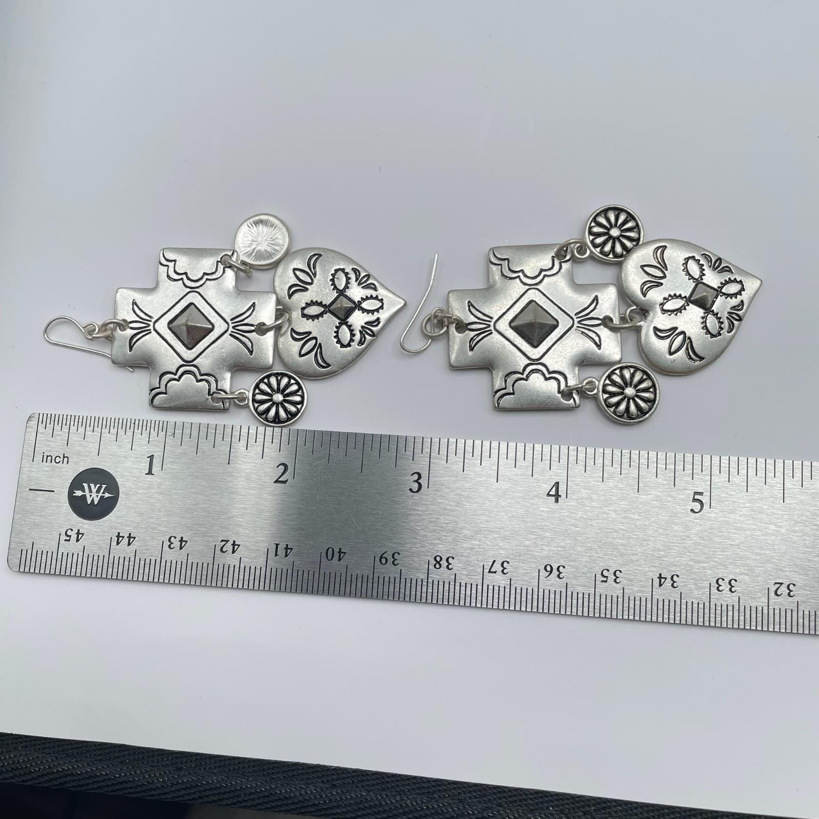 Vintage 90s Floral Cross Heart Dangle Earrings Silver Tone Women's Jewelry - Thumbnail 9