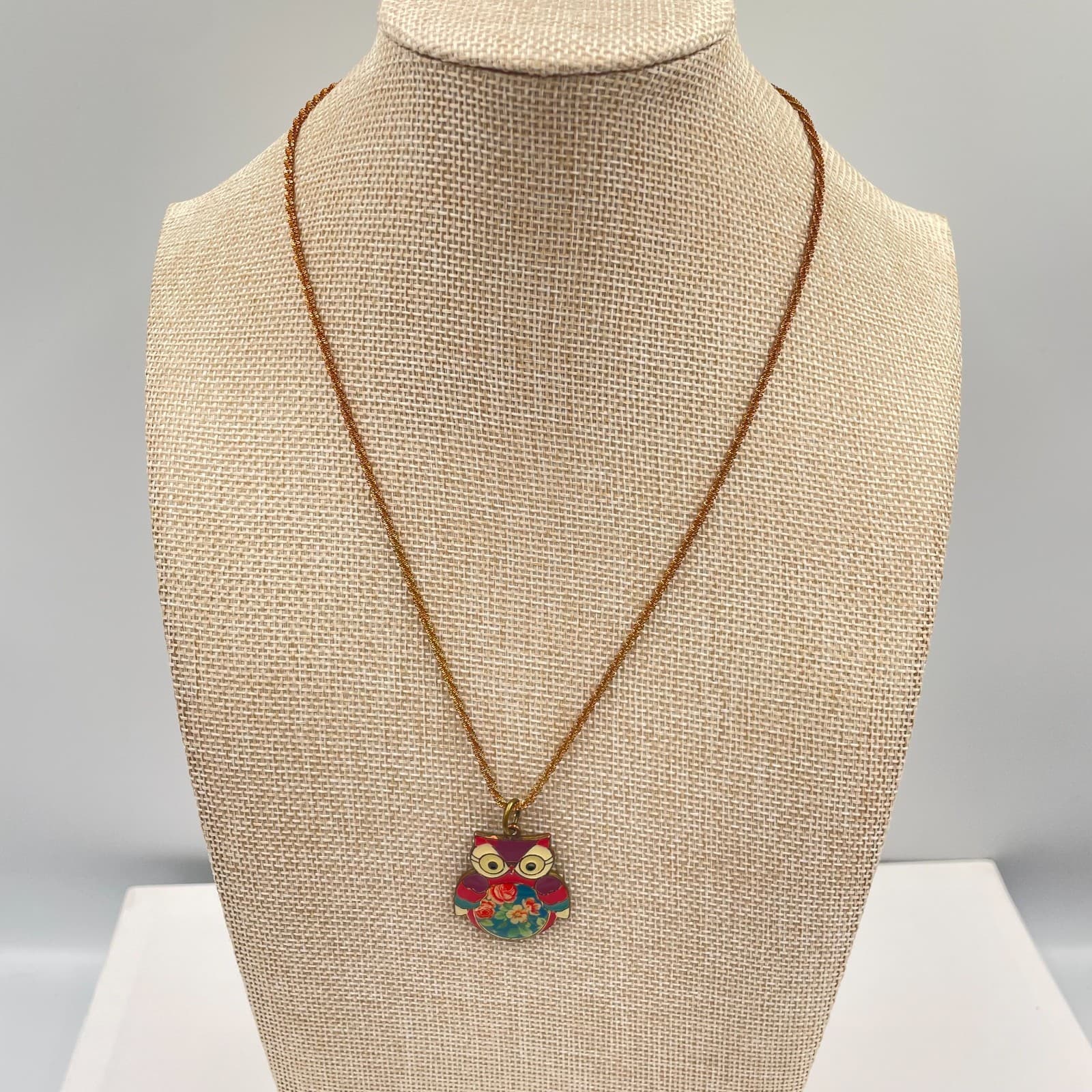 Afterthoughts Y2K Gold-Tone Multicolor Floral Enamel Coated Owl Pendant Necklace - Image 1