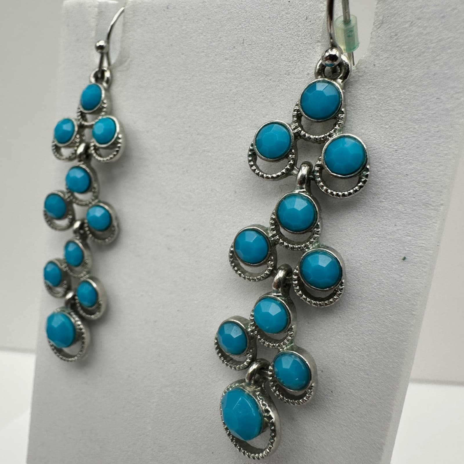 Vintage 90s Boho Silver Tone Turquoise Blue Beaded Tiered Dangle Drop Earrings - Thumbnail 3
