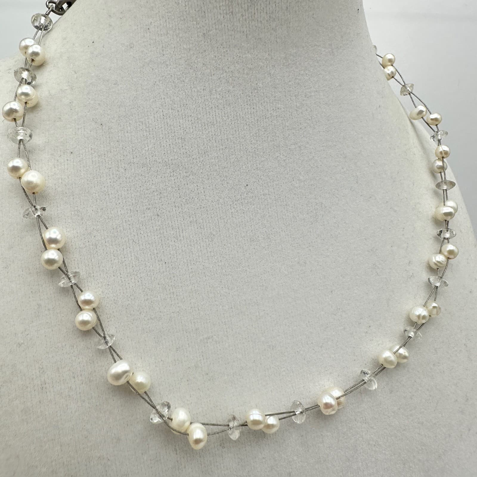 Vintage Y2K Floating Pearl Necklace Double Wire Strand Clear Glass Beads Boho - Image 1
