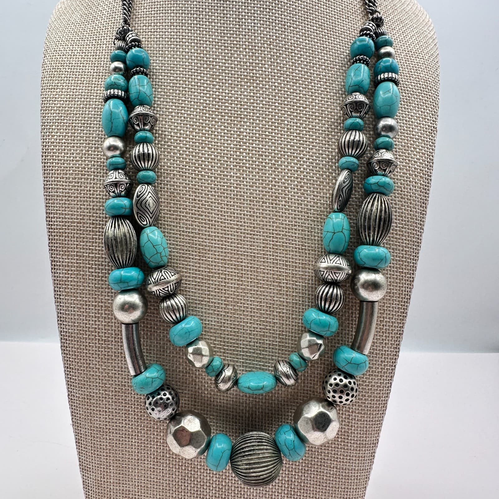 Vintage 90s Silver Tone Faux Turquoise Beaded Double Stand Necklace Jewelry - Thumbnail 2