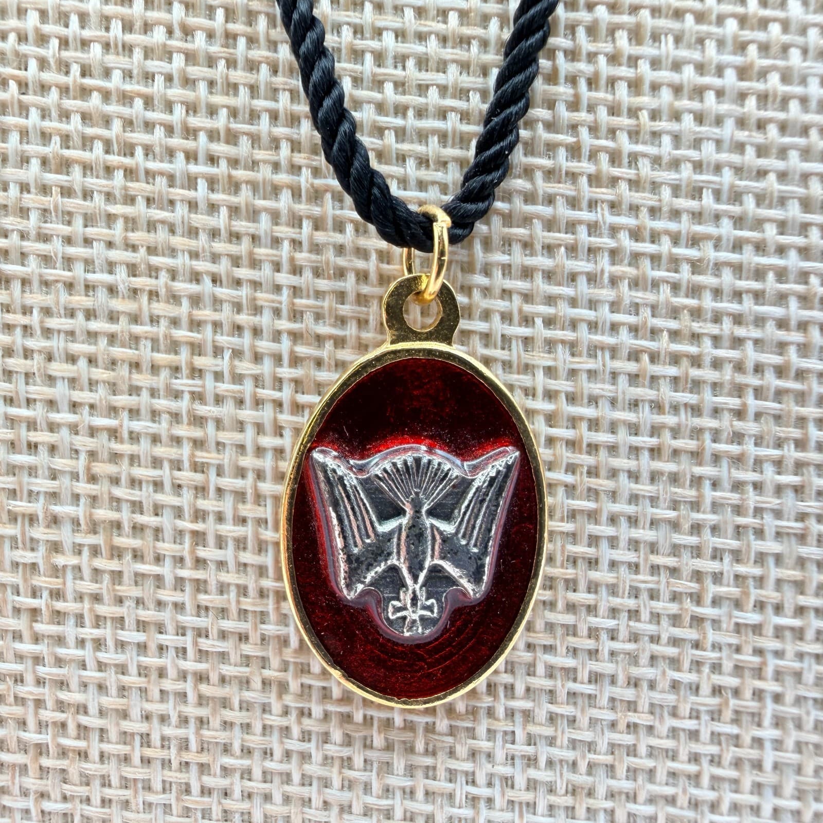 Vintage 70s Spirit Dove Confirmation Pendant Medal Red Enamel Gold Tone Jewelry - Image 1