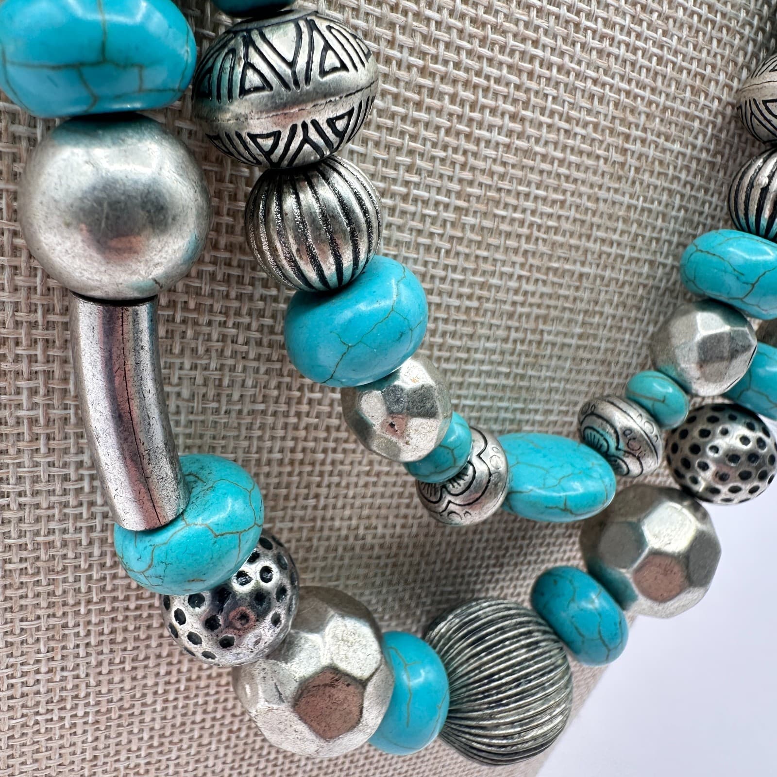 Vintage 90s Silver Tone Faux Turquoise Beaded Double Stand Necklace Jewelry - Thumbnail 5