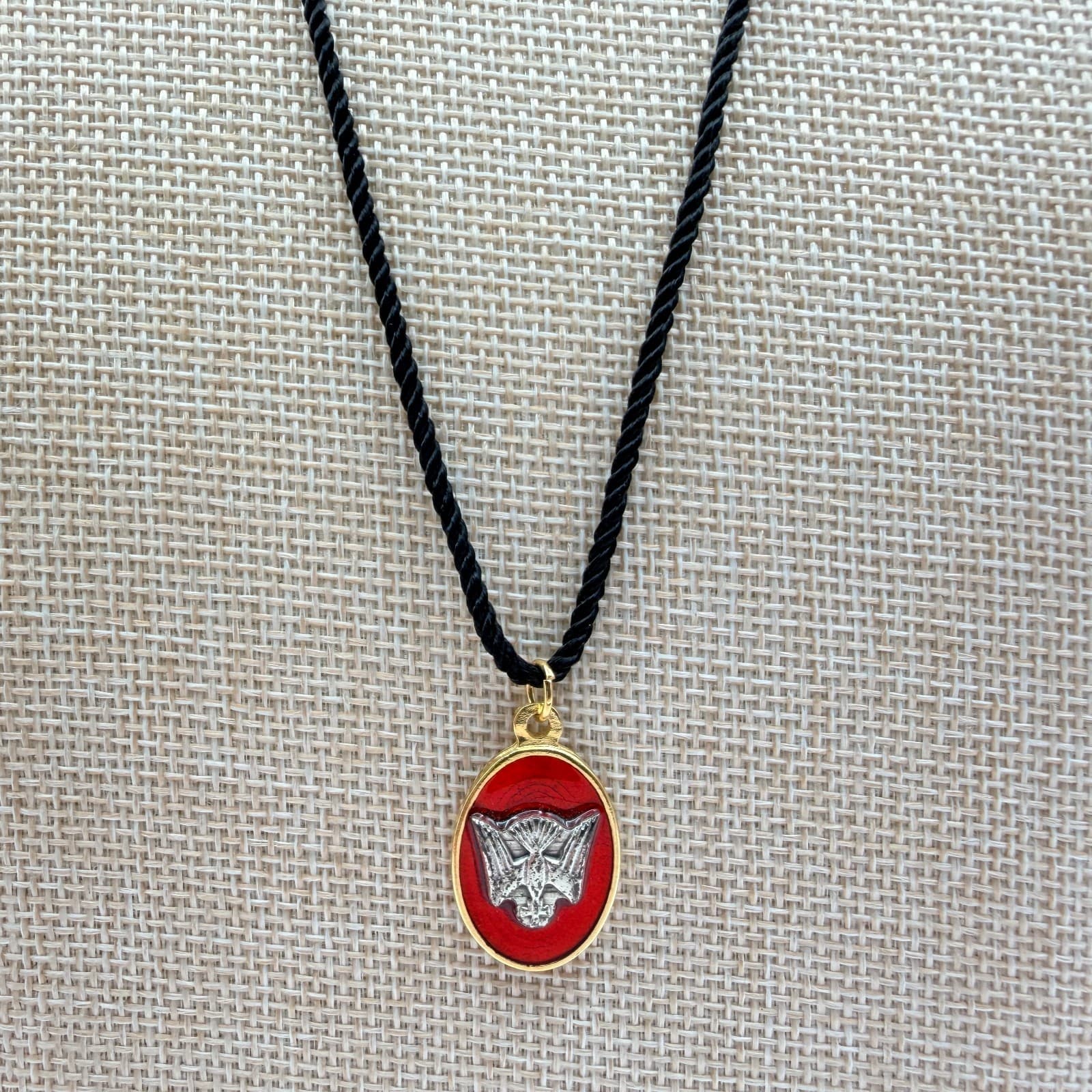 Vintage 70s Spirit Dove Confirmation Pendant Medal Red Enamel Gold Tone Jewelry - Thumbnail 4