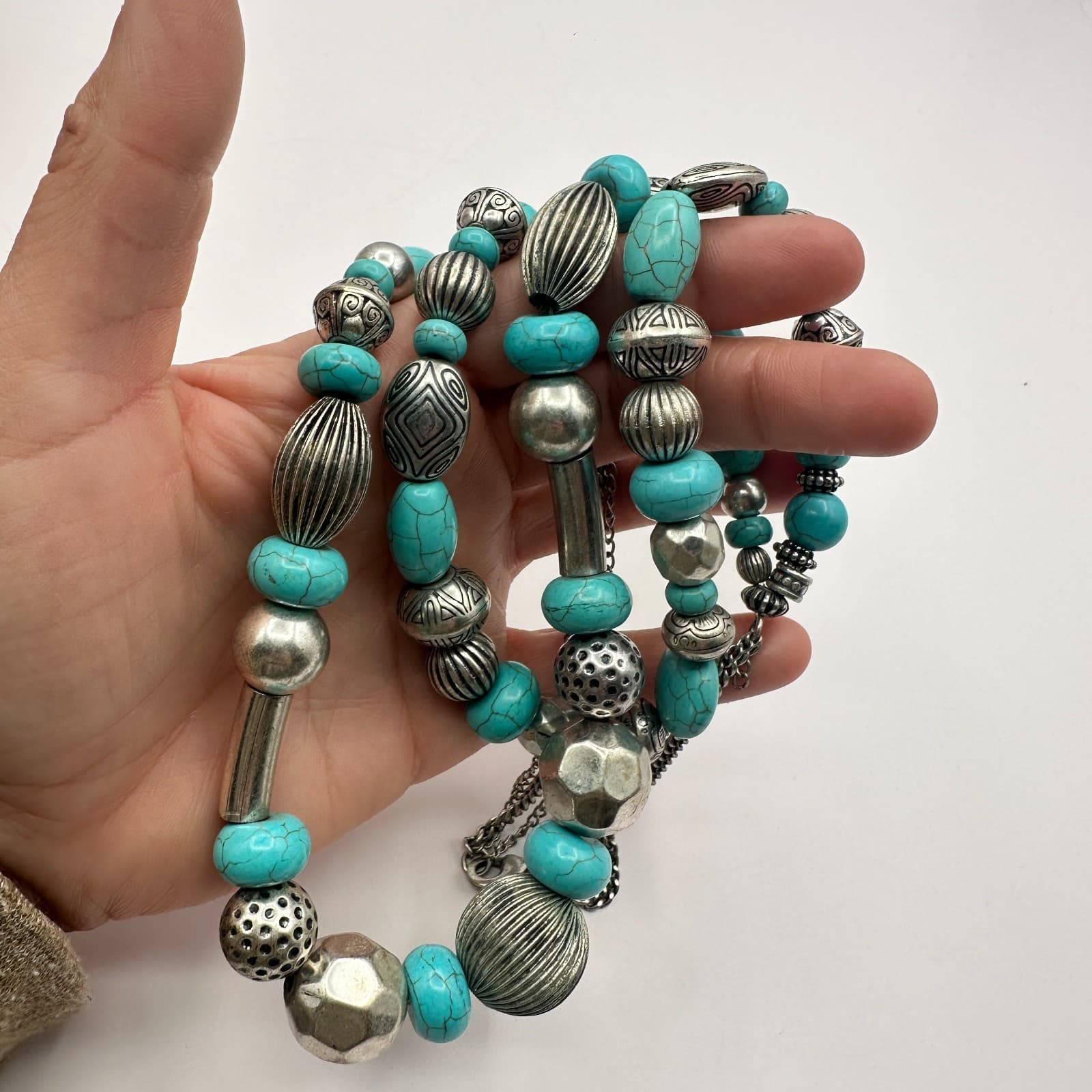 Vintage 90s Silver Tone Faux Turquoise Beaded Double Stand Necklace Jewelry - Thumbnail 6