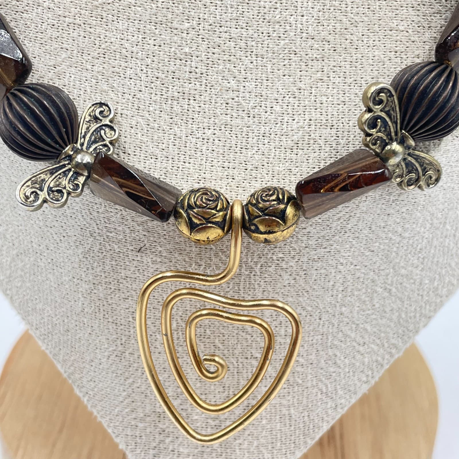 Artisan Gold-Tone Beaded Butterfly Spacers Spiral Heart Pendant Lobster Necklace - Thumbnail 3