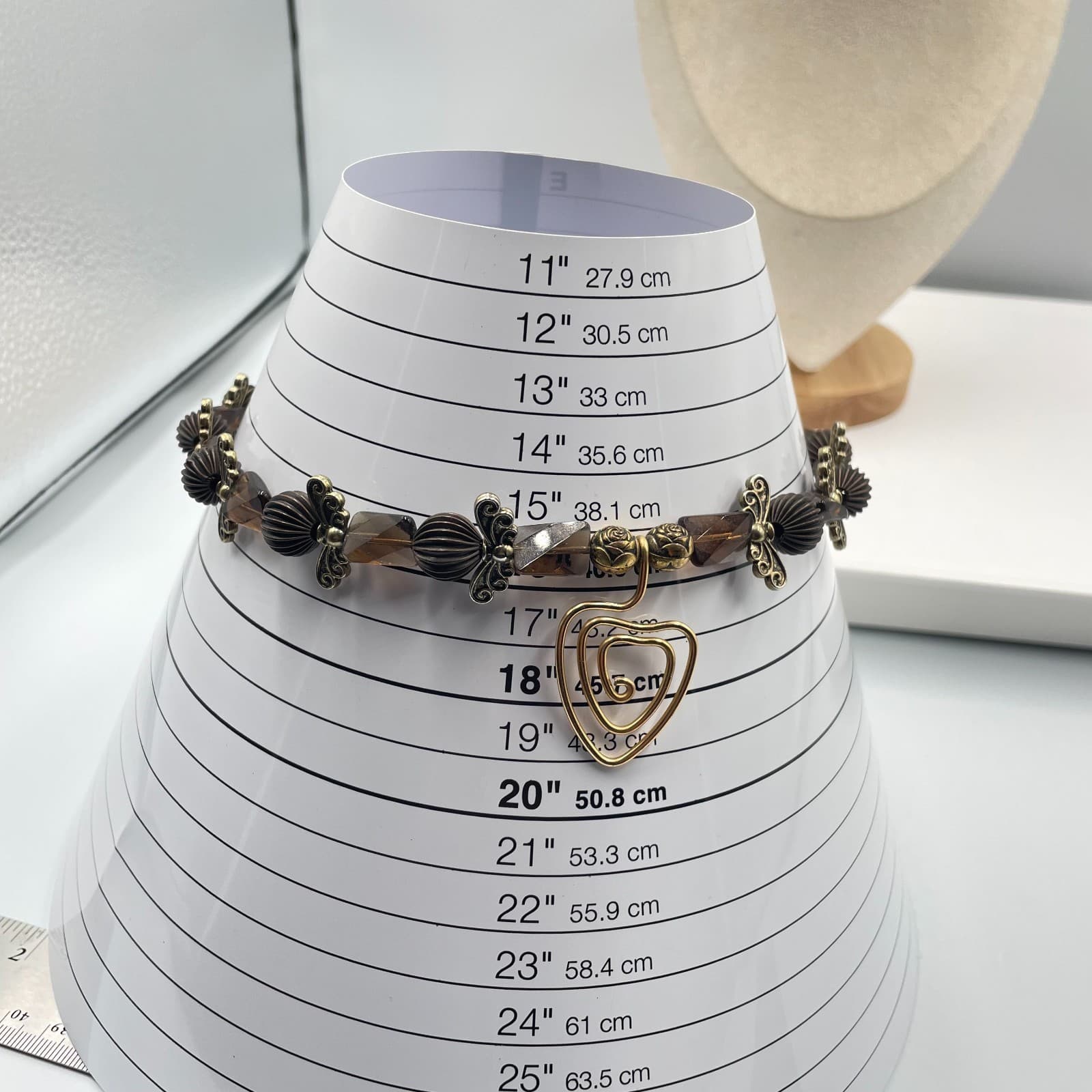 Artisan Gold-Tone Beaded Butterfly Spacers Spiral Heart Pendant Lobster Necklace - Thumbnail 8