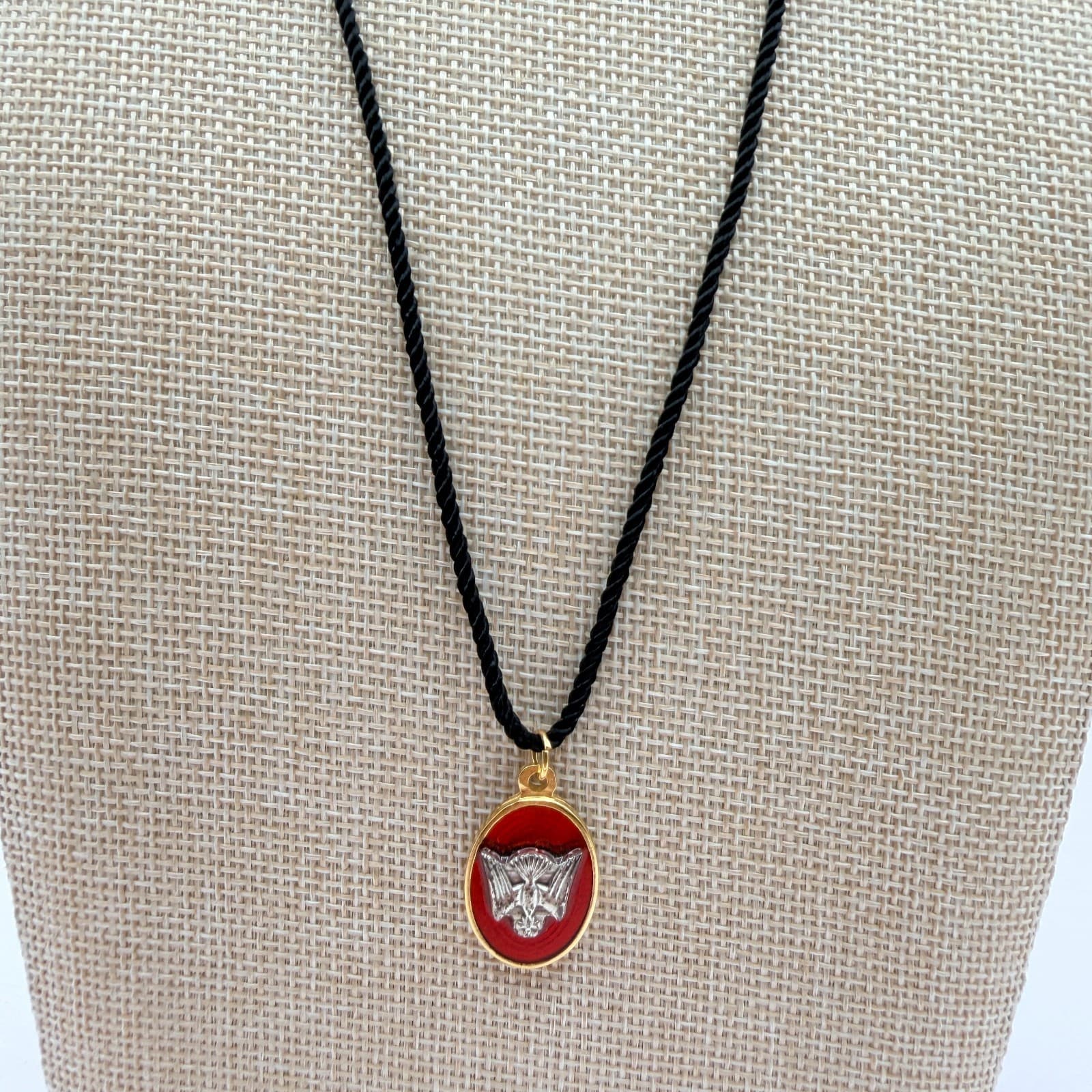 Vintage 70s Spirit Dove Confirmation Pendant Medal Red Enamel Gold Tone Jewelry - Thumbnail 2