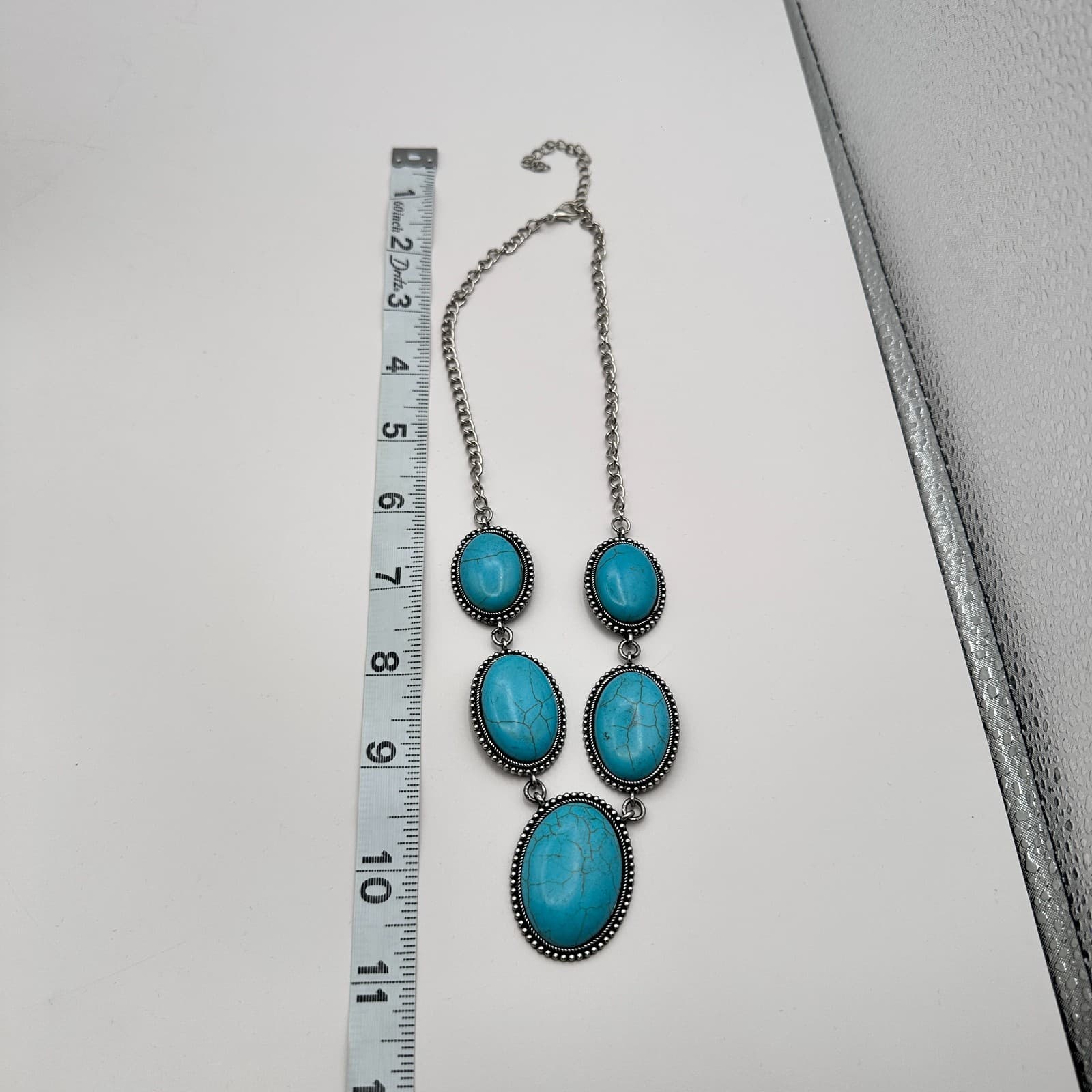 Vintage Y2K Silver Tone Oval Stone Statement Necklace Chain Jewelry - Thumbnail 7