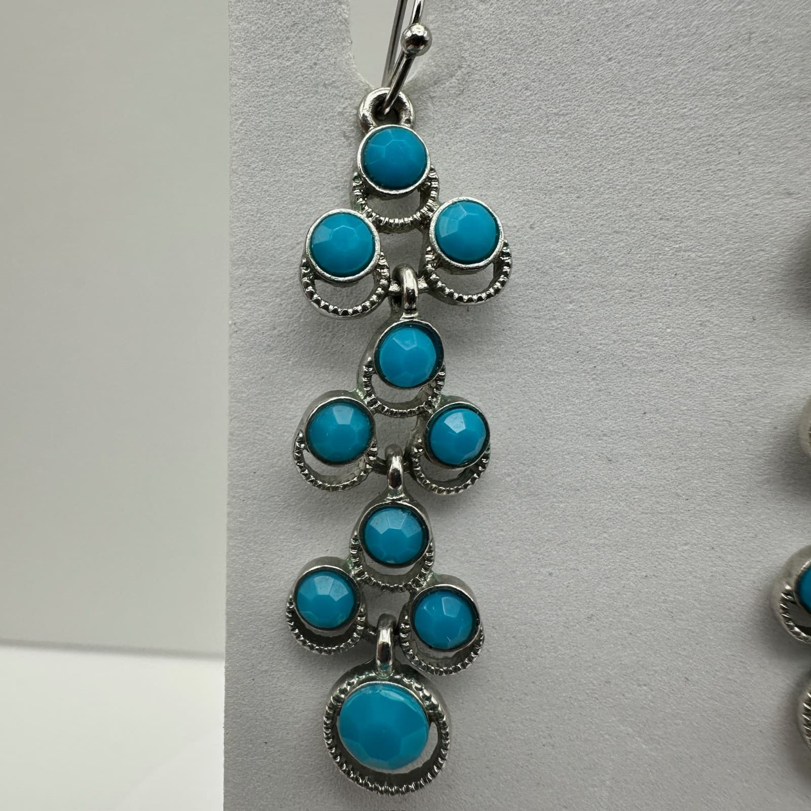 Vintage 90s Boho Silver Tone Turquoise Blue Beaded Tiered Dangle Drop Earrings - Thumbnail 4