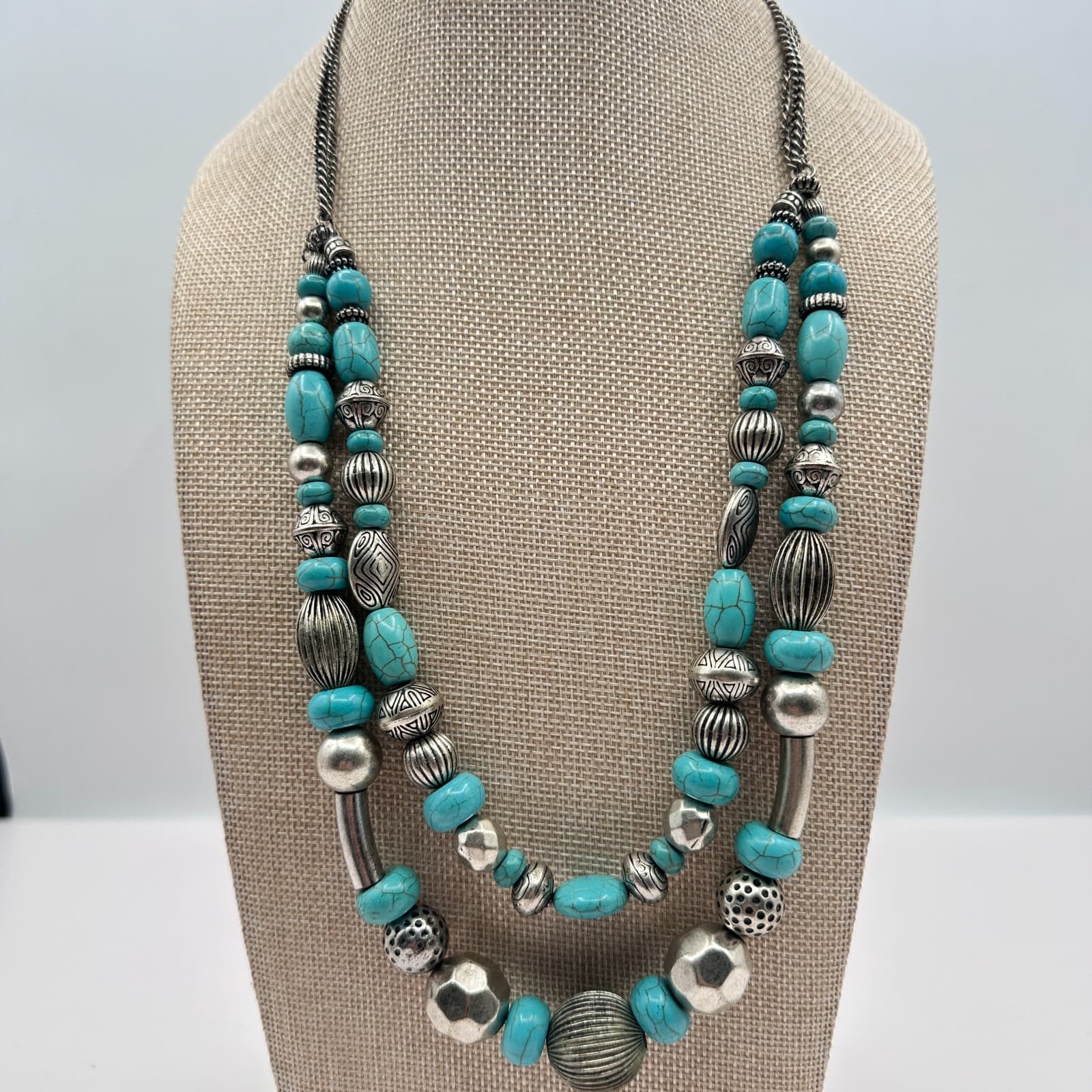 Vintage 90s Silver Tone Faux Turquoise Beaded Double Stand Necklace Jewelry - Thumbnail 3
