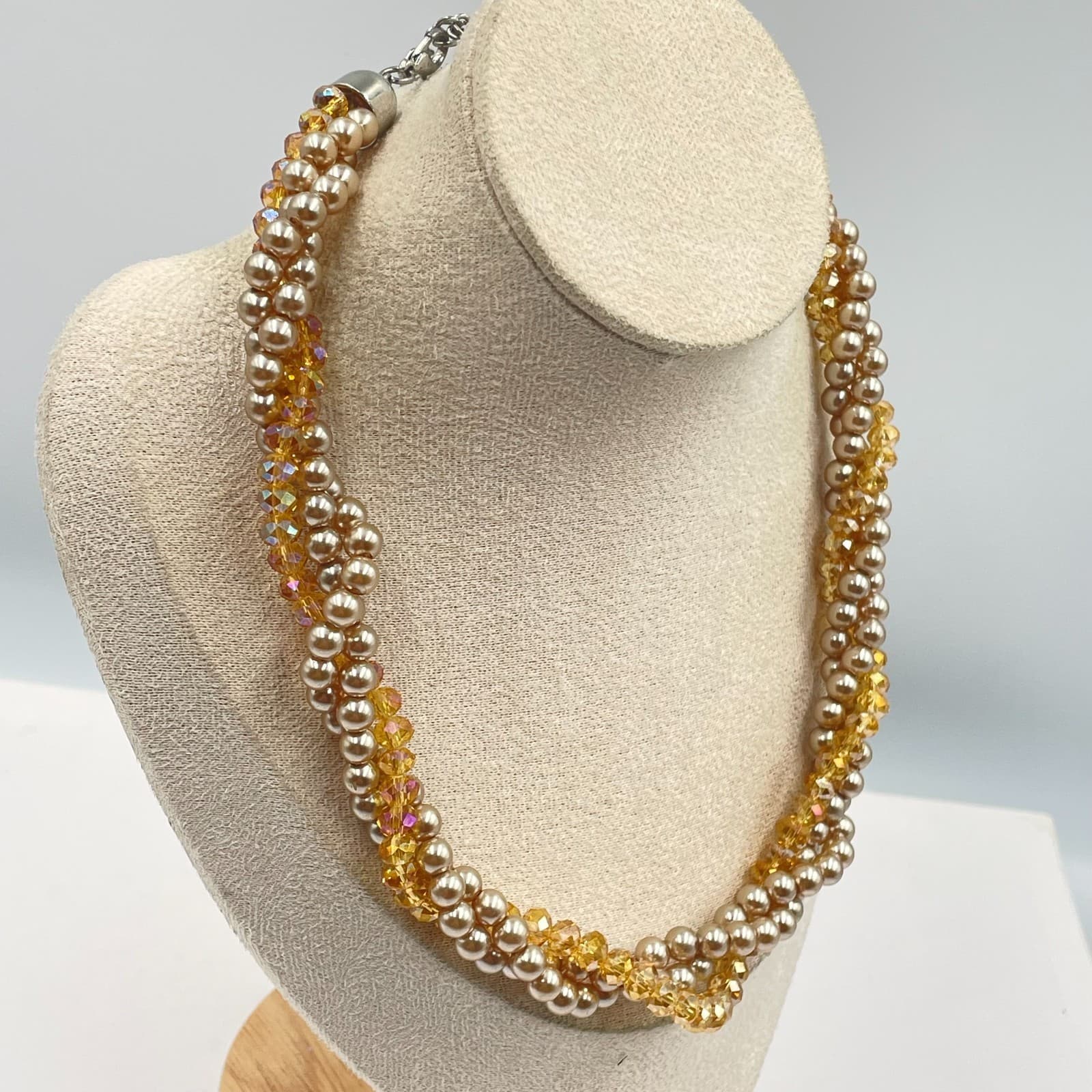 Adjustable Amber-Tone Faceted Glass Faux Pearls Beads Torsade Lobster Necklace - Thumbnail 4