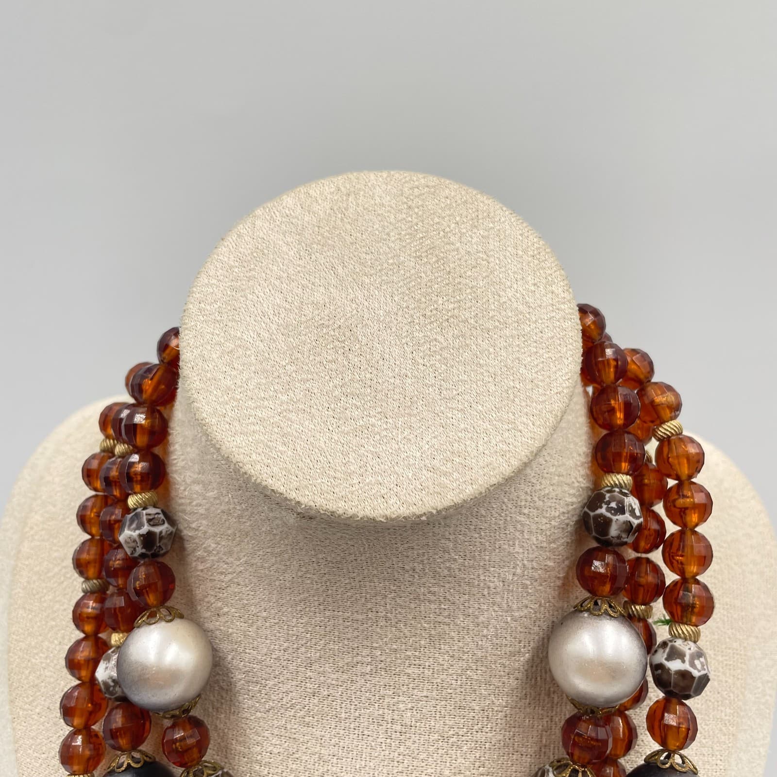 VTG Gold-Tone Amber-Color Faceted Bead Pearls Triple Strand Layered Bib Necklace - Thumbnail 2
