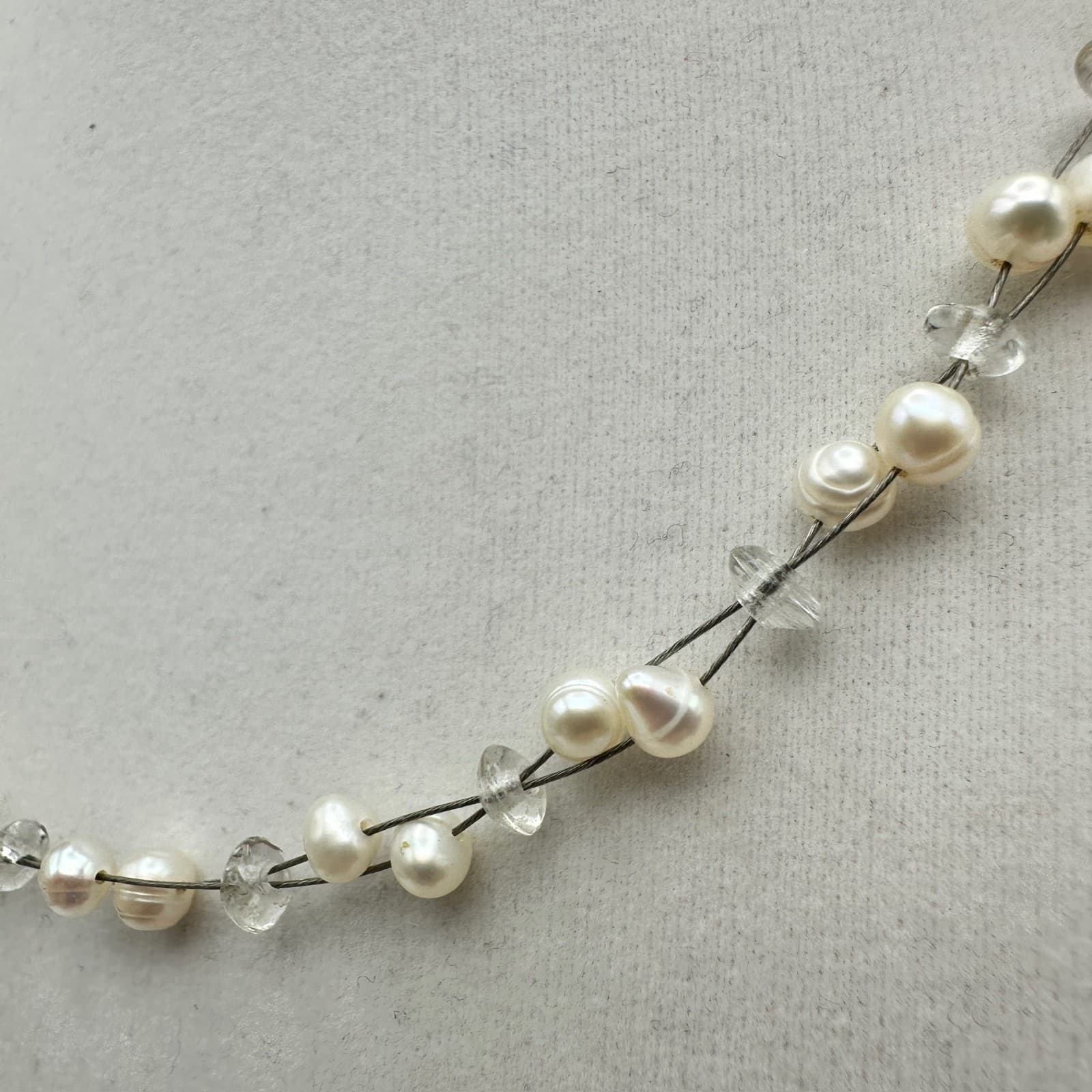 Vintage Y2K Floating Pearl Necklace Double Wire Strand Clear Glass Beads Boho - Thumbnail 4