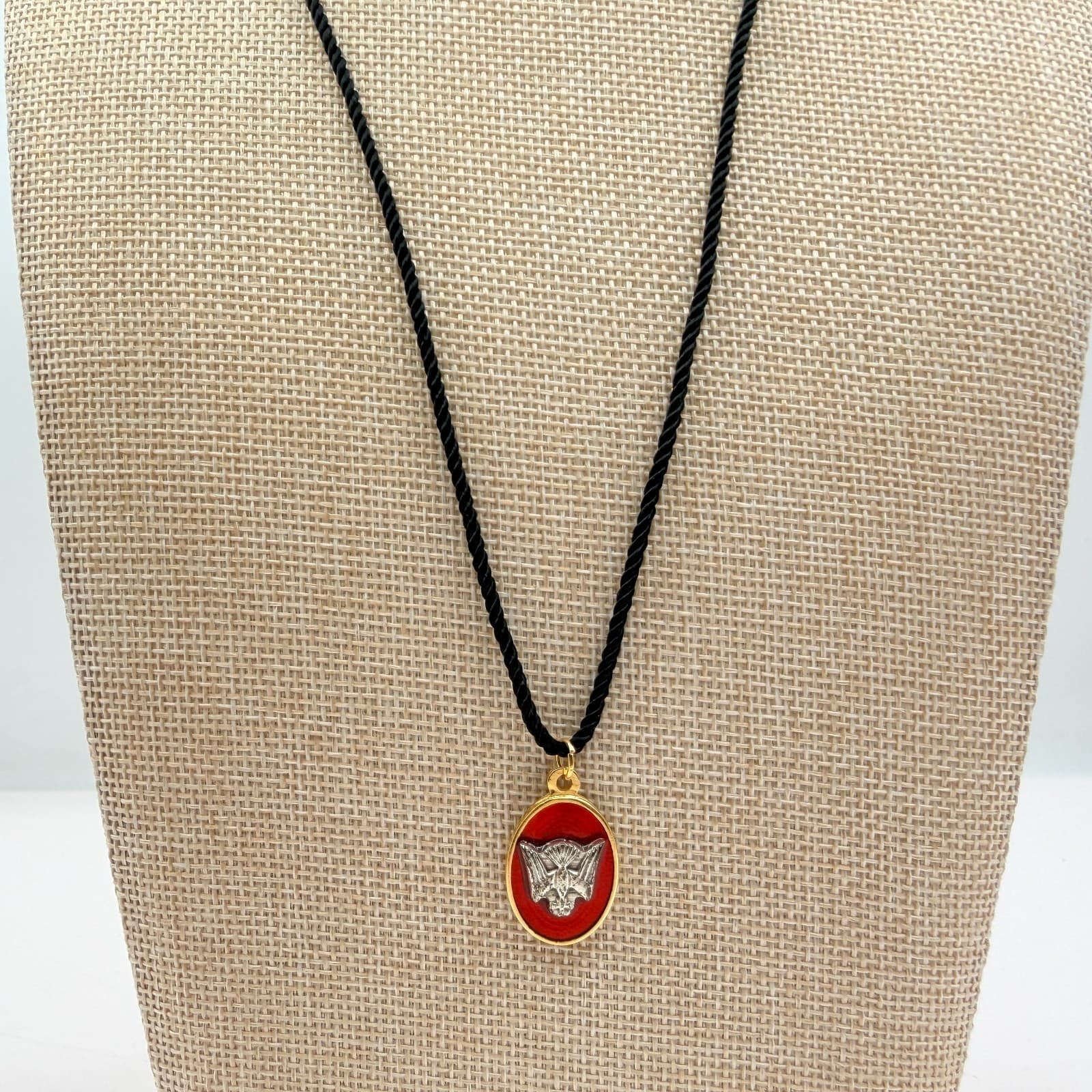 Vintage 70s Spirit Dove Confirmation Pendant Medal Red Enamel Gold Tone Jewelry - Thumbnail 5