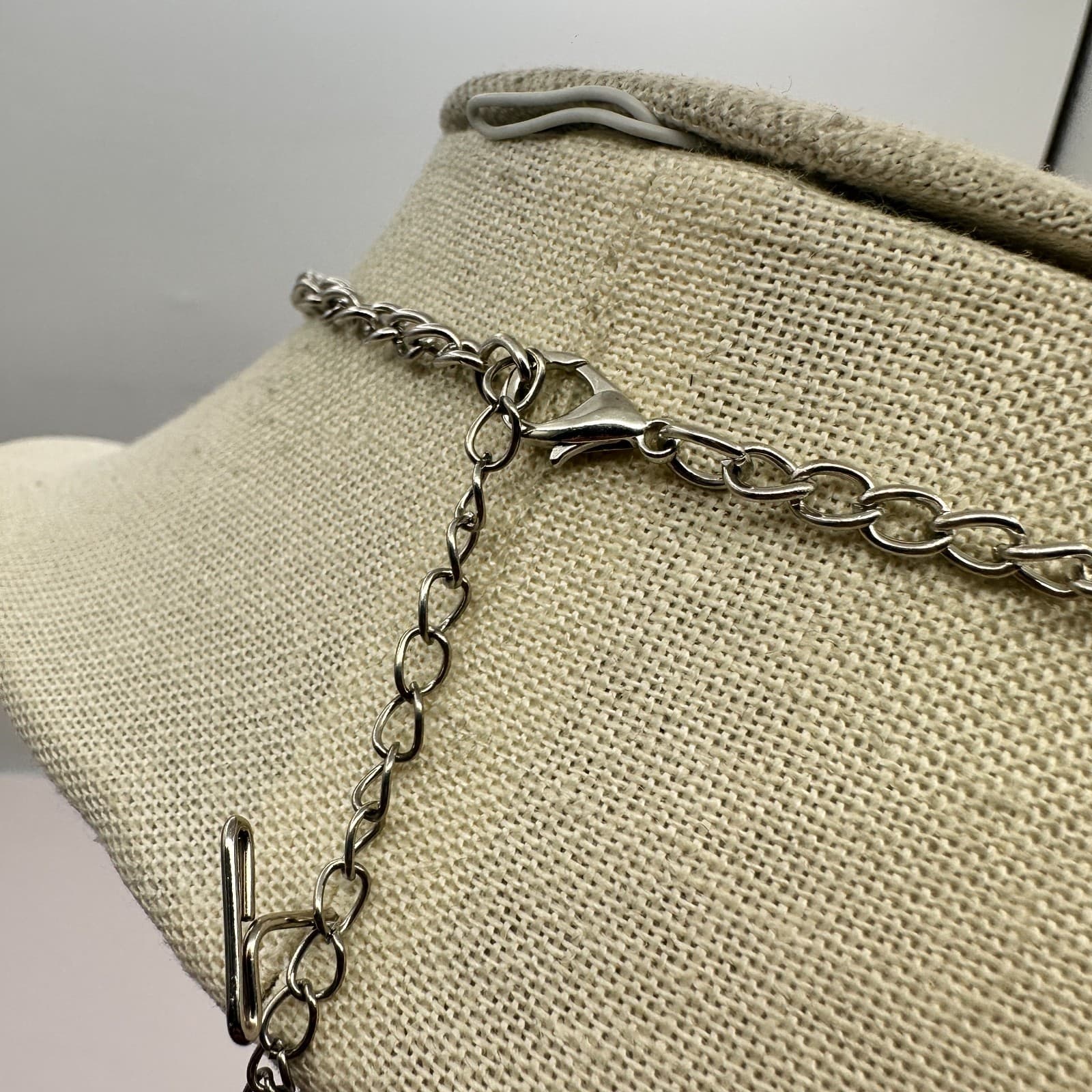 Vintage Y2K Silver Tone Oval Stone Statement Necklace Chain Jewelry - Thumbnail 8